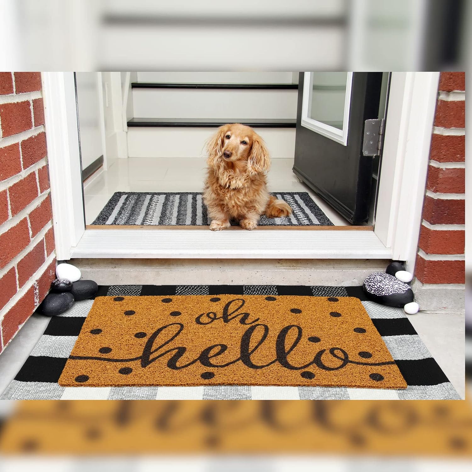 2 Pcs Front Door Mat Buffalo Outdoor Rug Oh Hello Doormat Decor Coir Mat Nonslip Porch Checkered Layered Front Door Rug Rustic Farmhouse Mats Entryway(Black Dot,23.6 x 35.4 Inch)