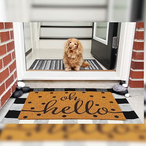 Miniatura 6 de 2 tapetes para puerta delantera, tapete de búfalo para exteriores, tapete decorativo de coco antideslizante para porche, a cuadros, alfombra rústica