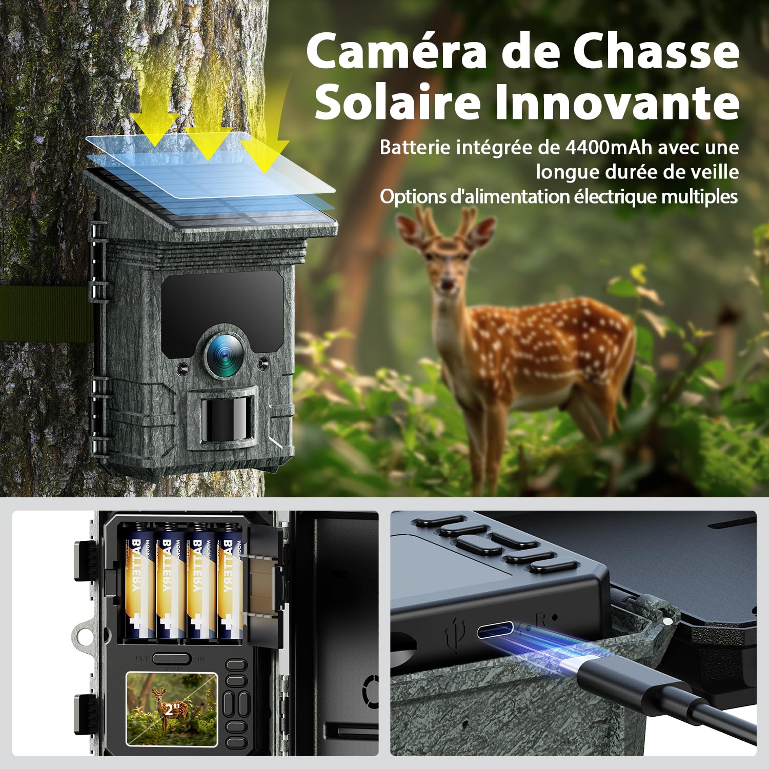 VOOPEAK Camera de Chasse Solaire - 4K UHD 85MP Camera de Chasse WiFi Bluetooth Rechargeable, Caméra Chasse Vision Nocturne Infrarouge Activée par Mouvement Temps de Déclenchement 0,1s Étanche IP66