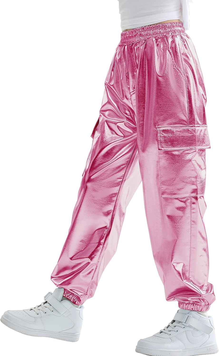 Rolanko Girls Shiny Metallic Cargo Pants, Sparkle Jogger Pants for Girls Hip Hop Dance Streetwear Cargo Trousers 6-15 Years