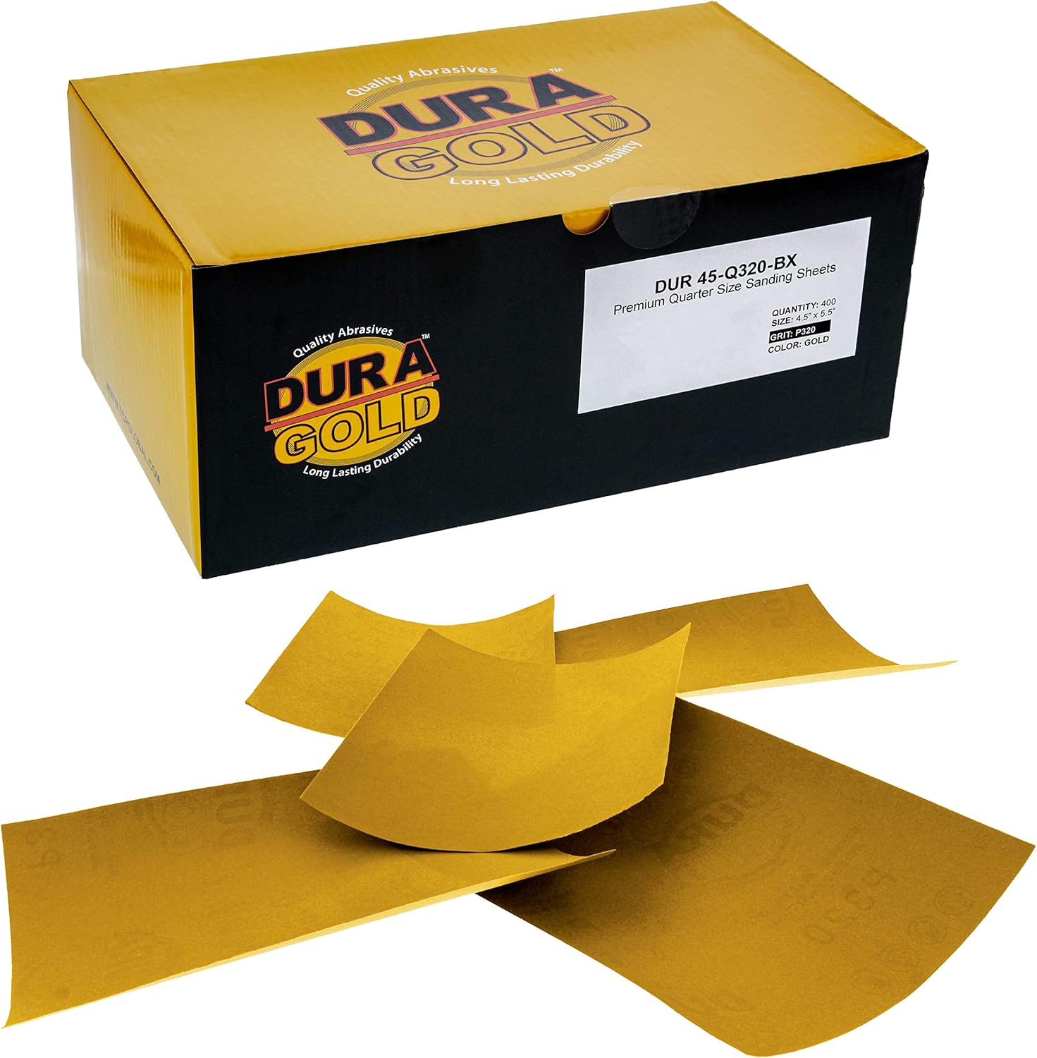 Dura-Gold Premium 1/4 Sheet Gold Sandpaper Sheets, 150 Grit (Box of 400) - Wood Furniture Woodworking, Automotive Paint - 4.5" x 5.5" Size Sheet for Palm Finishing Sanders, Clip-On, Hand Sanding Block