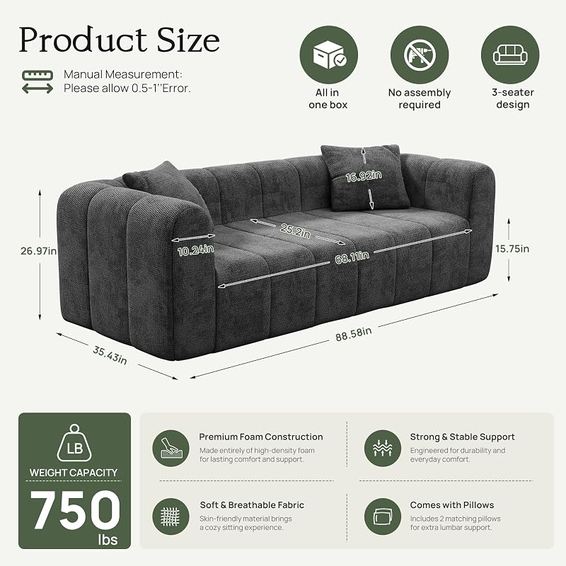 GRUSIGN 88.5" Boneless Loveseat Couch,Cloud Couches for Living Room,Grey image 2