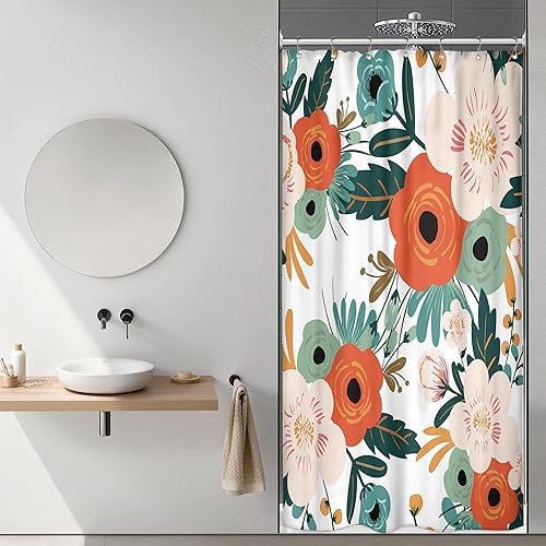 Riyidecor Cortina de ducha pequeña de 36 pulgadas de ancho x 72 pulgadas de alto, media estrecha, para primavera, floral, decoración de baño, hojas