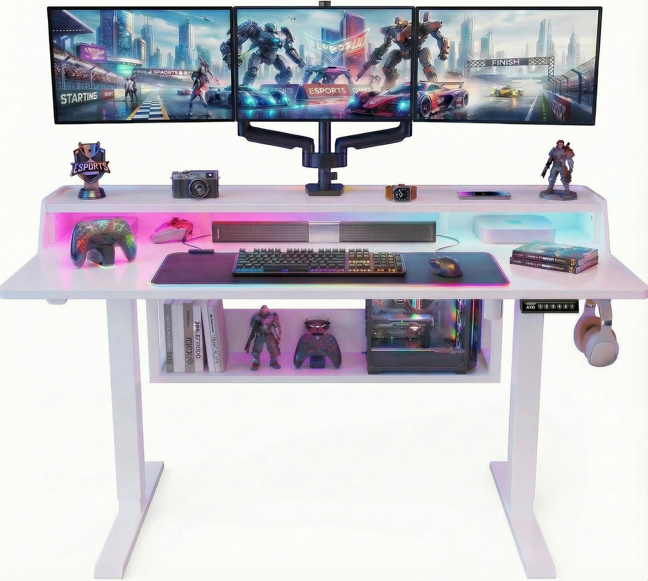 ErGear Electric Standing Desk, 55x28 Inch Adjustable Sit Stand Desk with Bookshelf & Monitor Stand, Standing Gaming Desk with LED Light Strip, Stand Up Desk for Home Office, White