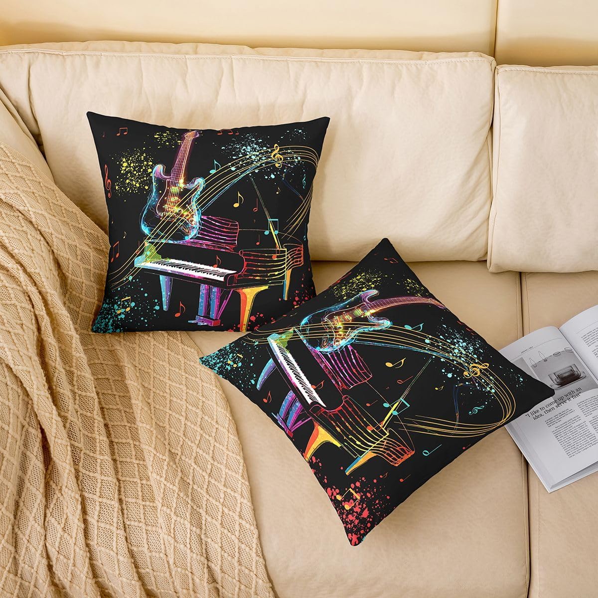 Homewish Music Theme Double Sides Print Pillow Covers 22"x 22",Guitar Piano Colorful Graffiti Soft Square Cushion Cases,Musical Notes Instrument Throw Pillow Cases for Decoratons Set of 2 image 2