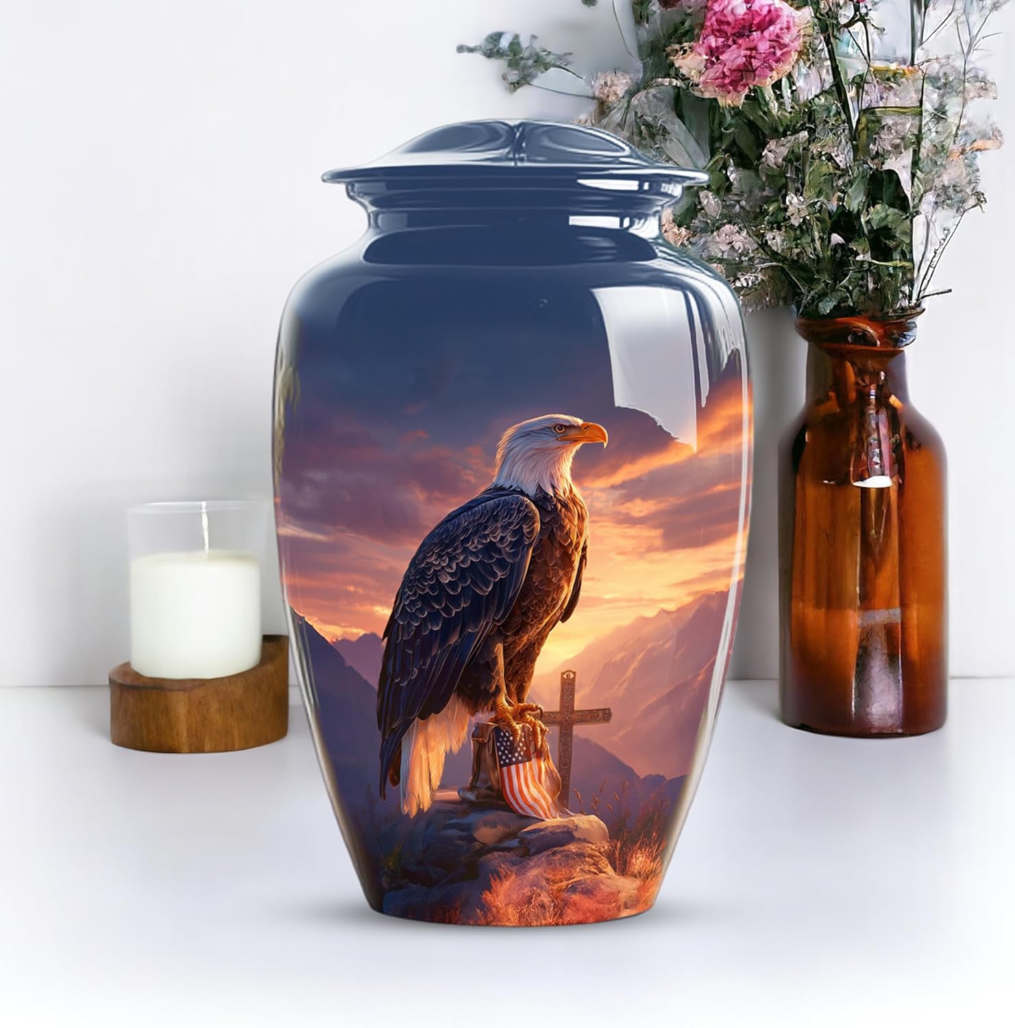 American Eagle Cremation Urn for Ashes Adult Male Dad - Large Urns for Human Ashes Adult Man - Decorative Cross Urns for Women - Sunset Urn for Human Remains (Size:- 10 Inch)