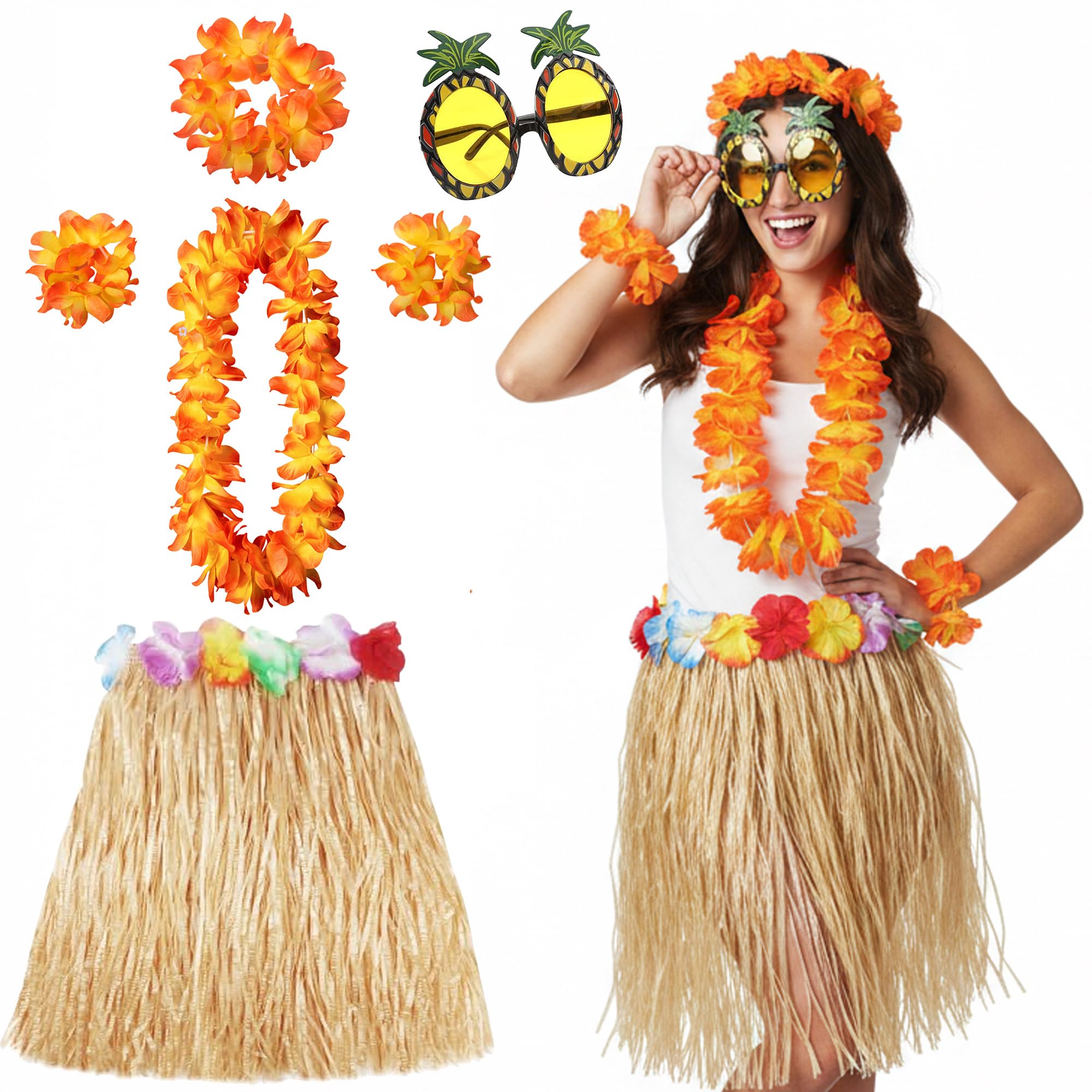 Hawaiian Flower Garlands Fancy Dress - Hawaiian Leis Flower Garland Necklace Grass Skirt Pineapple Sunglasses, Orange Flower Accessories for Luau Party and Tropical Beach Summer Celebrations