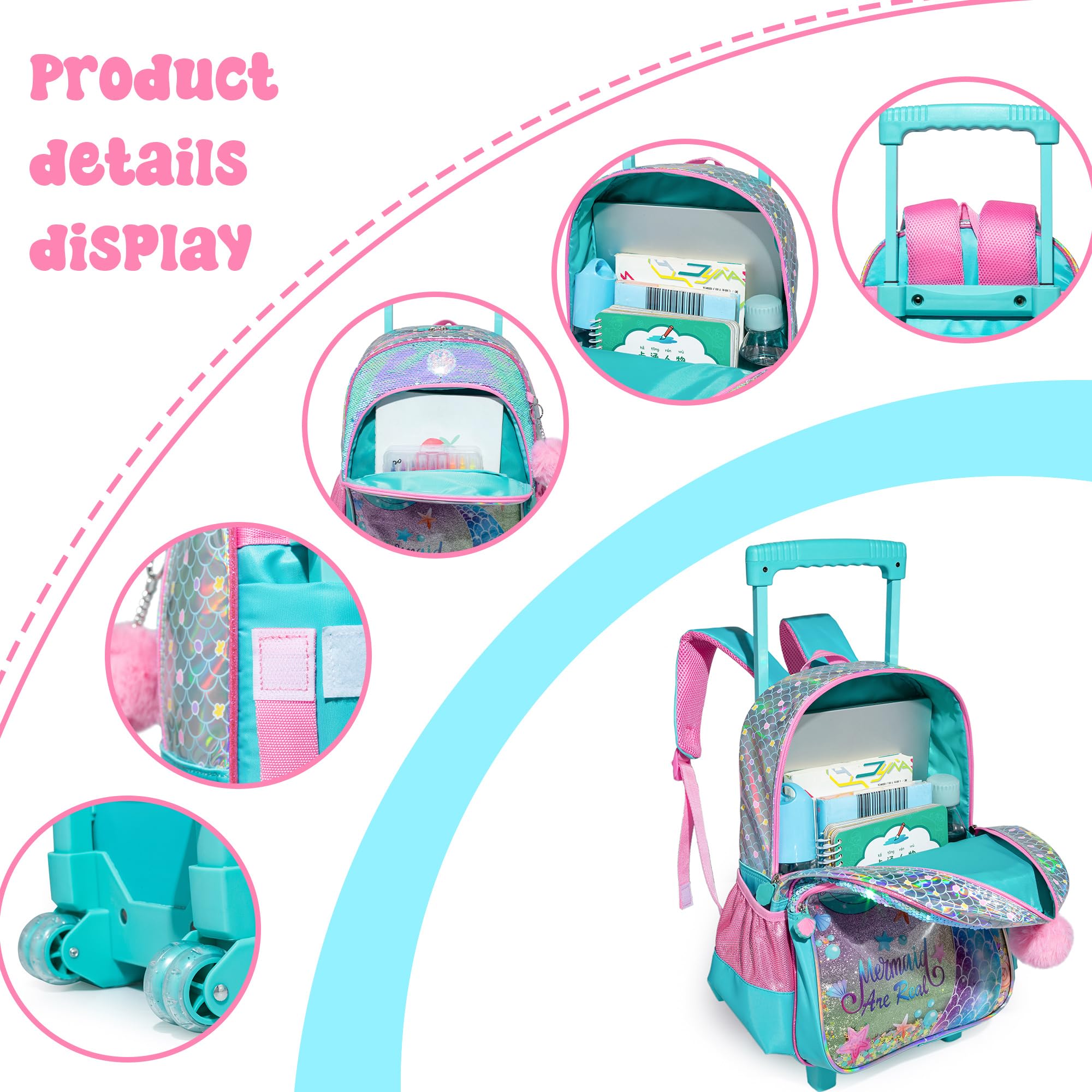 HTgroce Trolley Rucksack Mit Rollen, Federmäppchen, LunchTasche 3 in 1 Leicht Rolling Schulranzen für Mädchen, Schultaschen Trolley Sets