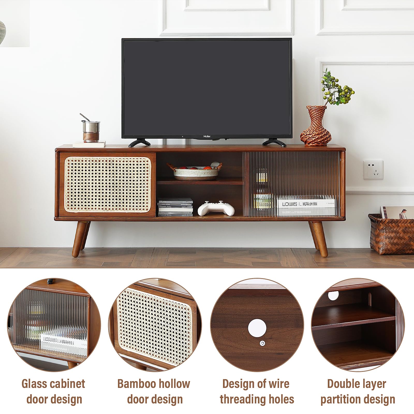 Soporte de TV de ratán para TV de 55 pulgadas, gabinete de TV de bambú con estante ajustable y almacenamiento, centro de entretenimiento bohemio, consola multimedia moderna de mediados de siglo 7