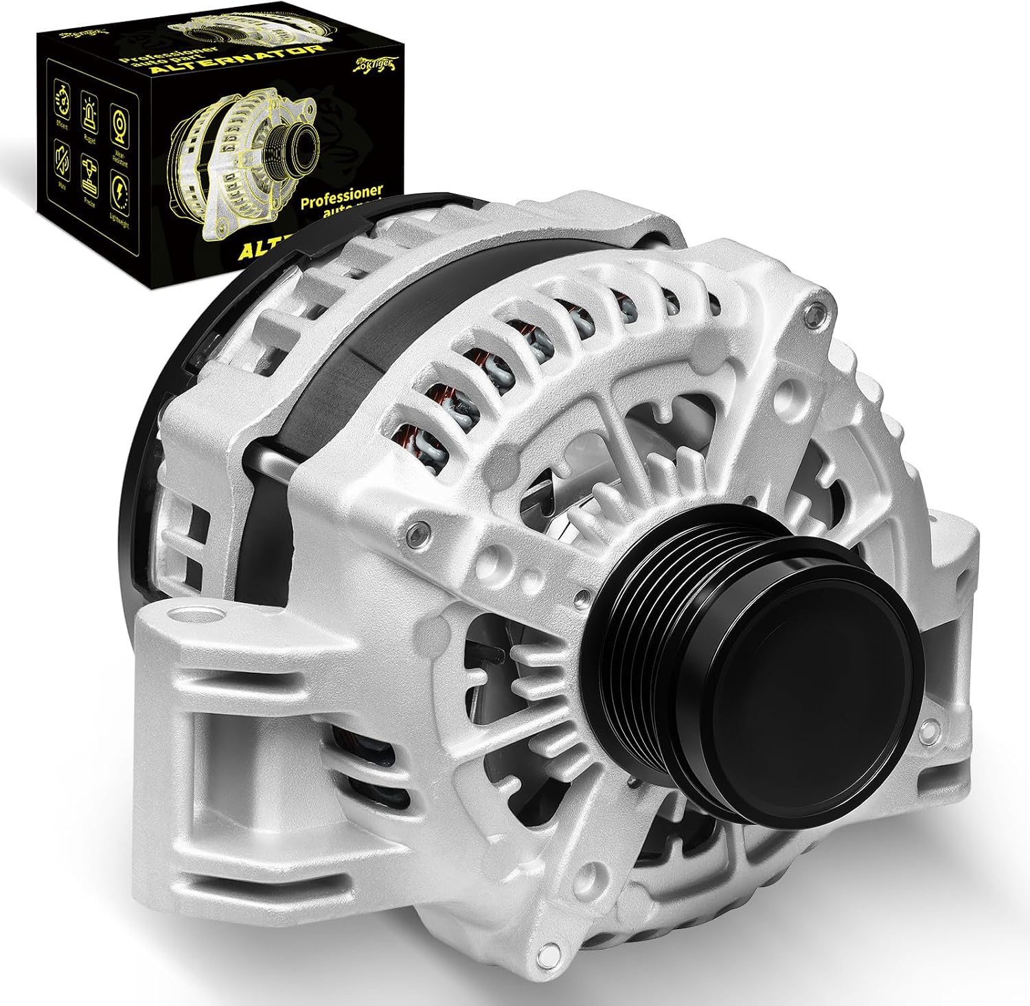 Oktiger 220A Upgraded Alternator with 6-Groove Clutch Pulley (12V Clockwise)