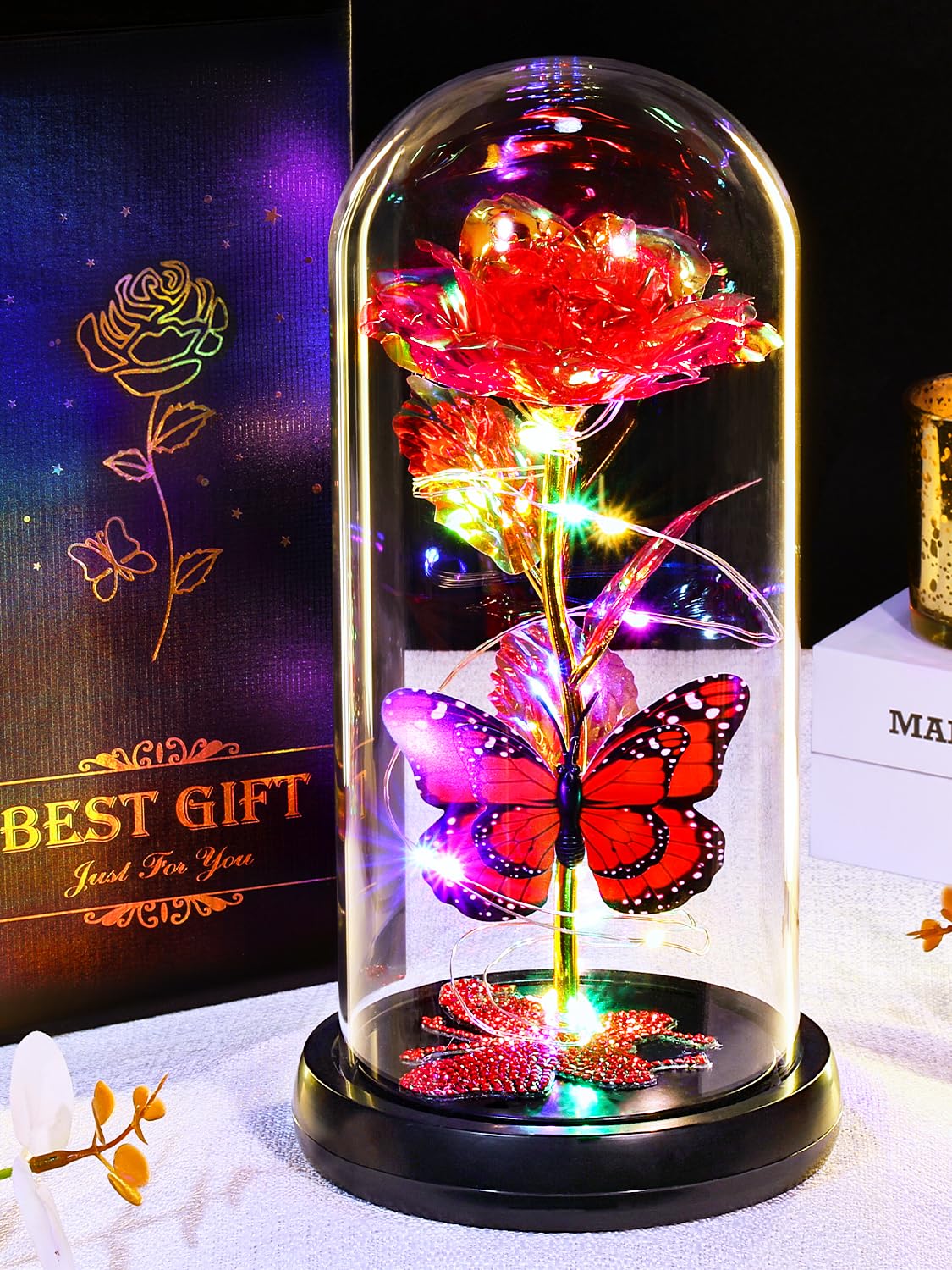 Mothers Day Galaxy Rose Gifts for Mum, Mother's Day Colorful Rose Gifts, Mothers Day Birthday presents Light Up Rose in Glass Dome for Mum Wife Daughter Sparkling Rhinestone Butterfly for Mothersday