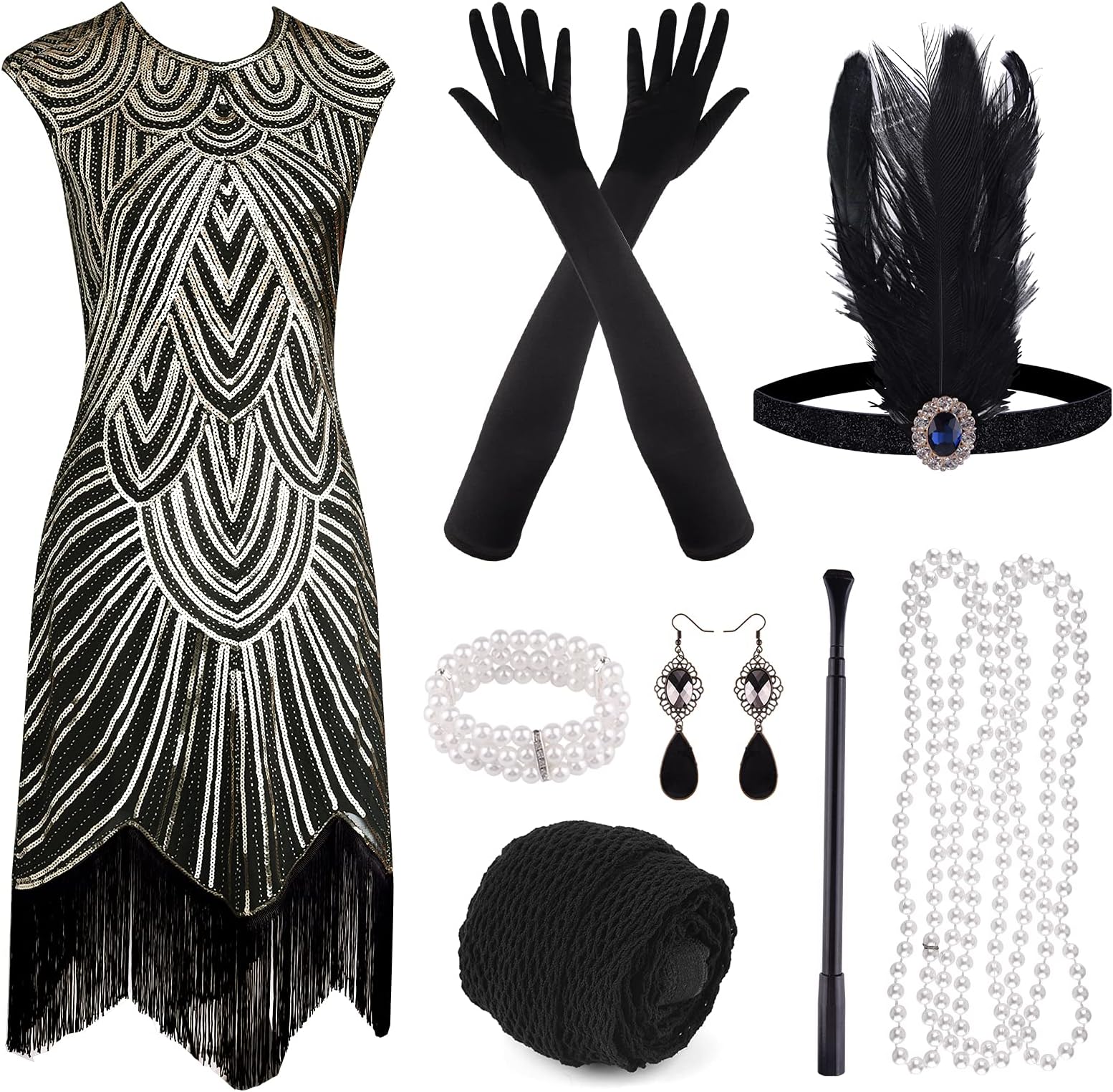 PLULON 1920s Sequin Beaded Fringed Flapper Dress with 20s Accessories Set, Dark Black Gold, Medium