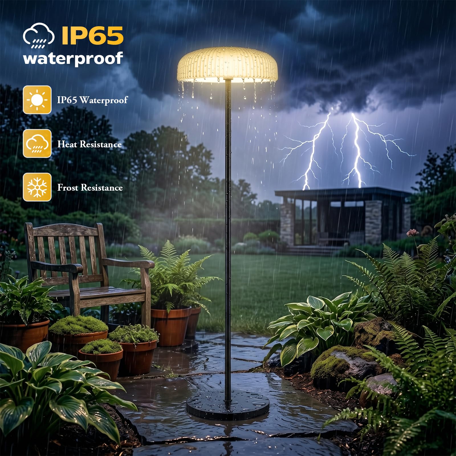 AGOTD Lampada da terra solare per patio esterno, LED senza fili con telecomando, 10 livelli di luminosità, bianco caldo e bianco freddo, impermeabile, ricaricabile da 4000 mAh