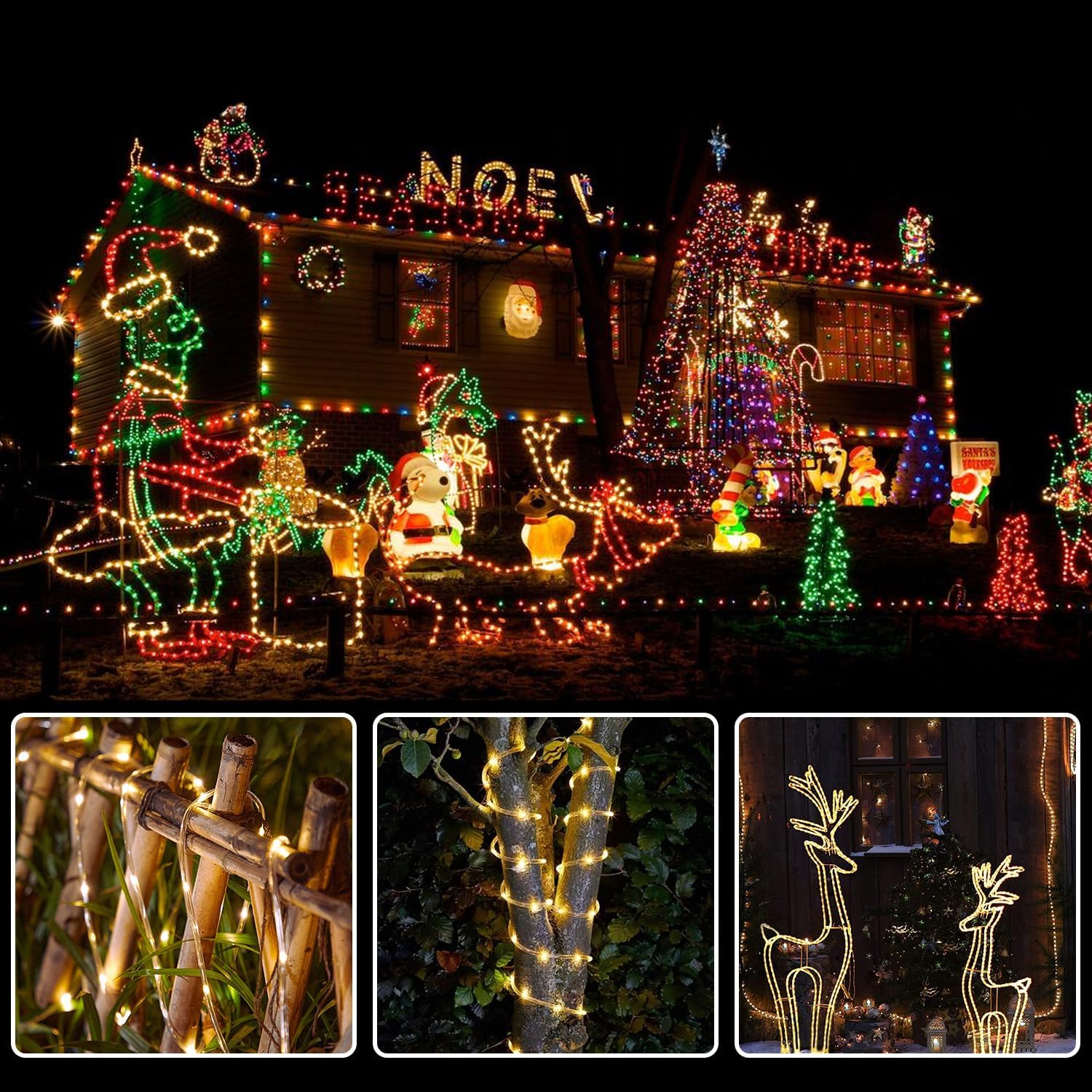 ANJAYLIA 66FT 200 LED Solar Rope Lights Outdoor Waterproof, Solar Powered Rope String Light with 8 Mode & Timer Remote, for Outdoor, Patio, Garden, Camping, Holiday & Christmas Décor Warm White