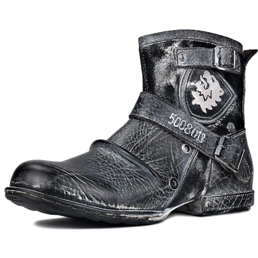 OSSTONE Moto Boots for Men Fashion Zipper-up Leather Chukka