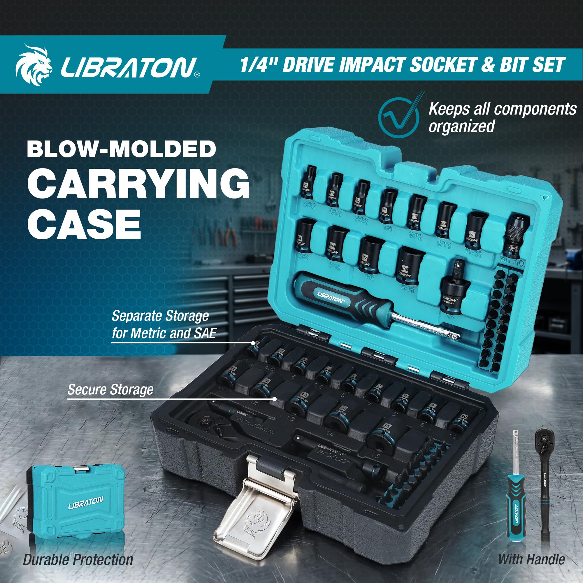 LIBRATON 71 PCs Juego de Llaves de Vaso y Puntas 1/4", Llaves de Impacto Métricos(4-15MM) y SAE(5/32-9/16"), Dados de Impacto CR-V, Puntas Destornillador S2, Carraca de 90 Dientes, Mango Giratorio
