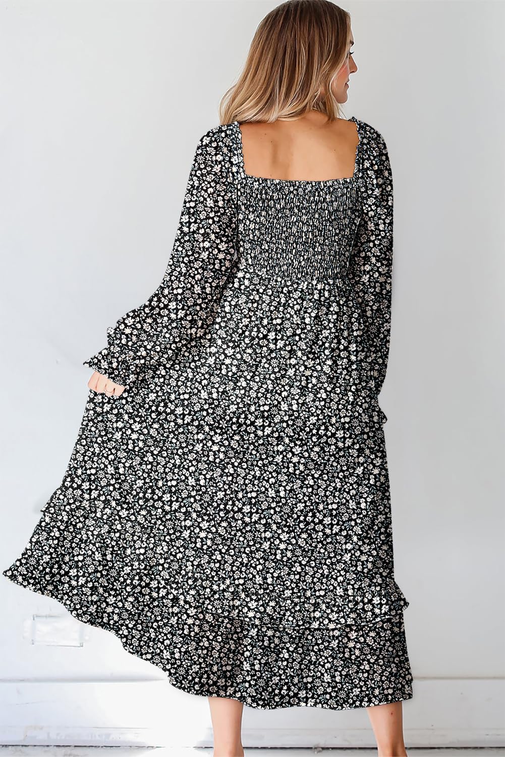 Dokotoo Boho Dresses for Women 2025 Casual Floral Square Neck Long Sleeve Smocked Elastic Waist Tiered Ruffle Hem Maxi Dress - Image 2