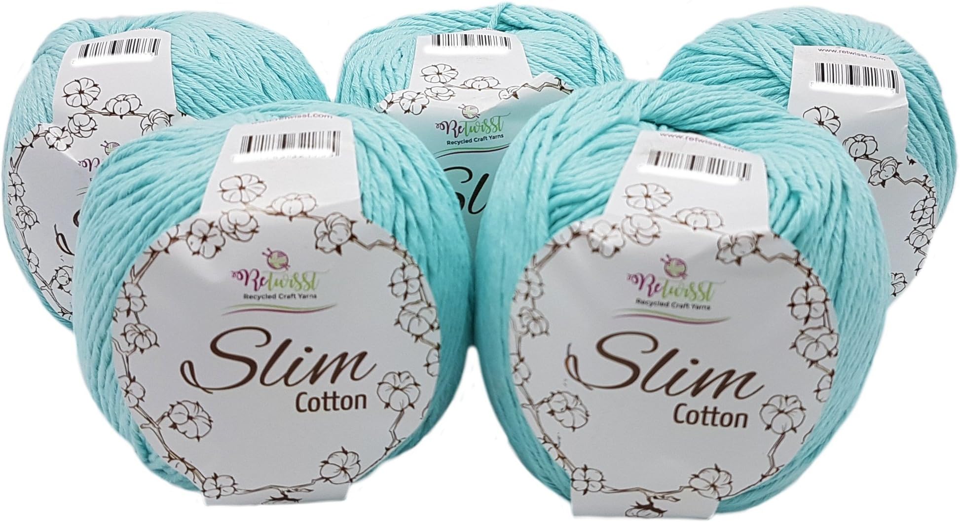 ReTwisst 500 g Slim Cotton Yarn, 5 Packs of 100g Yarn Craft Knitting Yarn (Amigurumi) Total Approx. 850 M Long, 85% Cotton, To Choose From mint