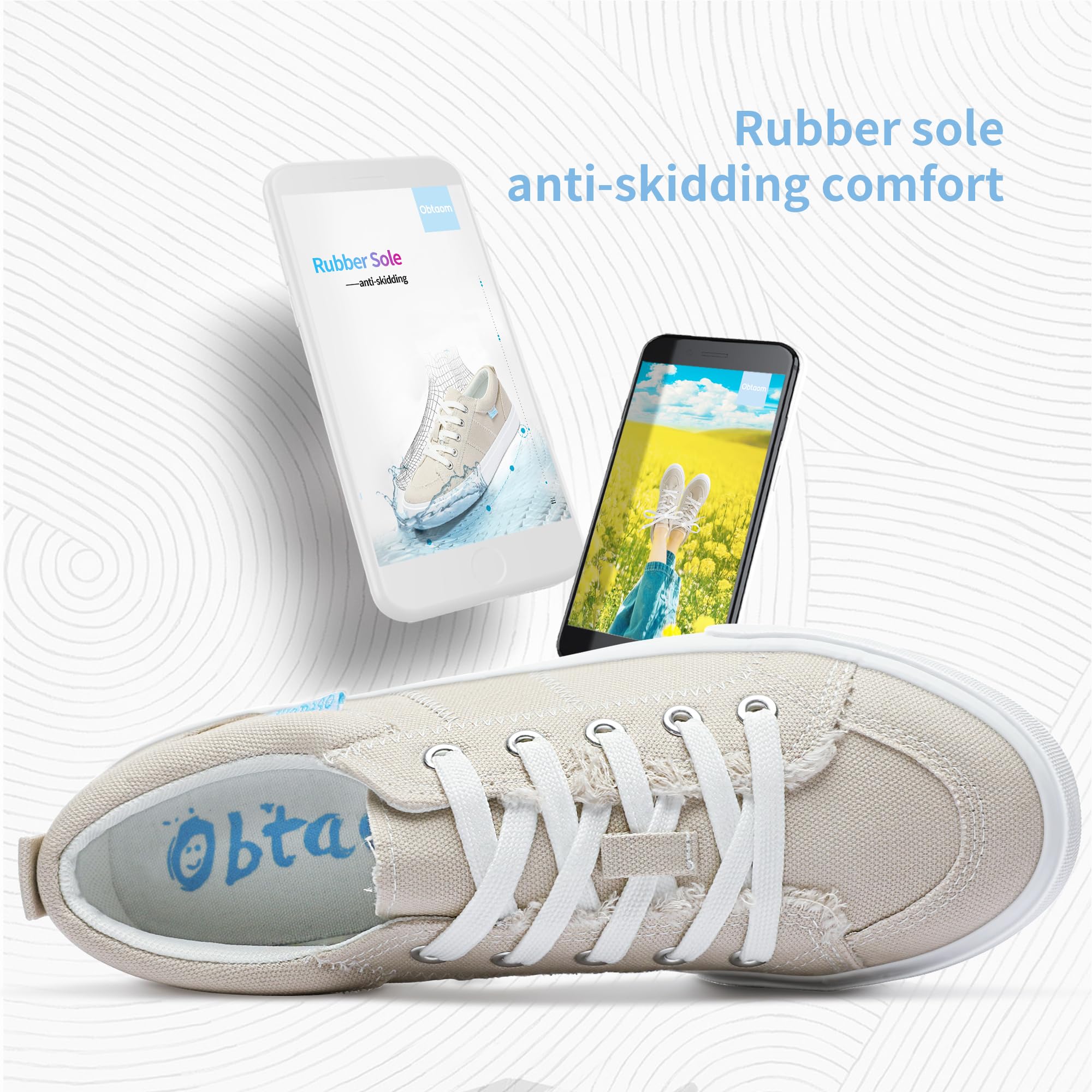 Obtaom Women's White Play Fashion Sneakers Cute Lace up Canvas Shoes Low Top Washed Canvas Flat for Lady