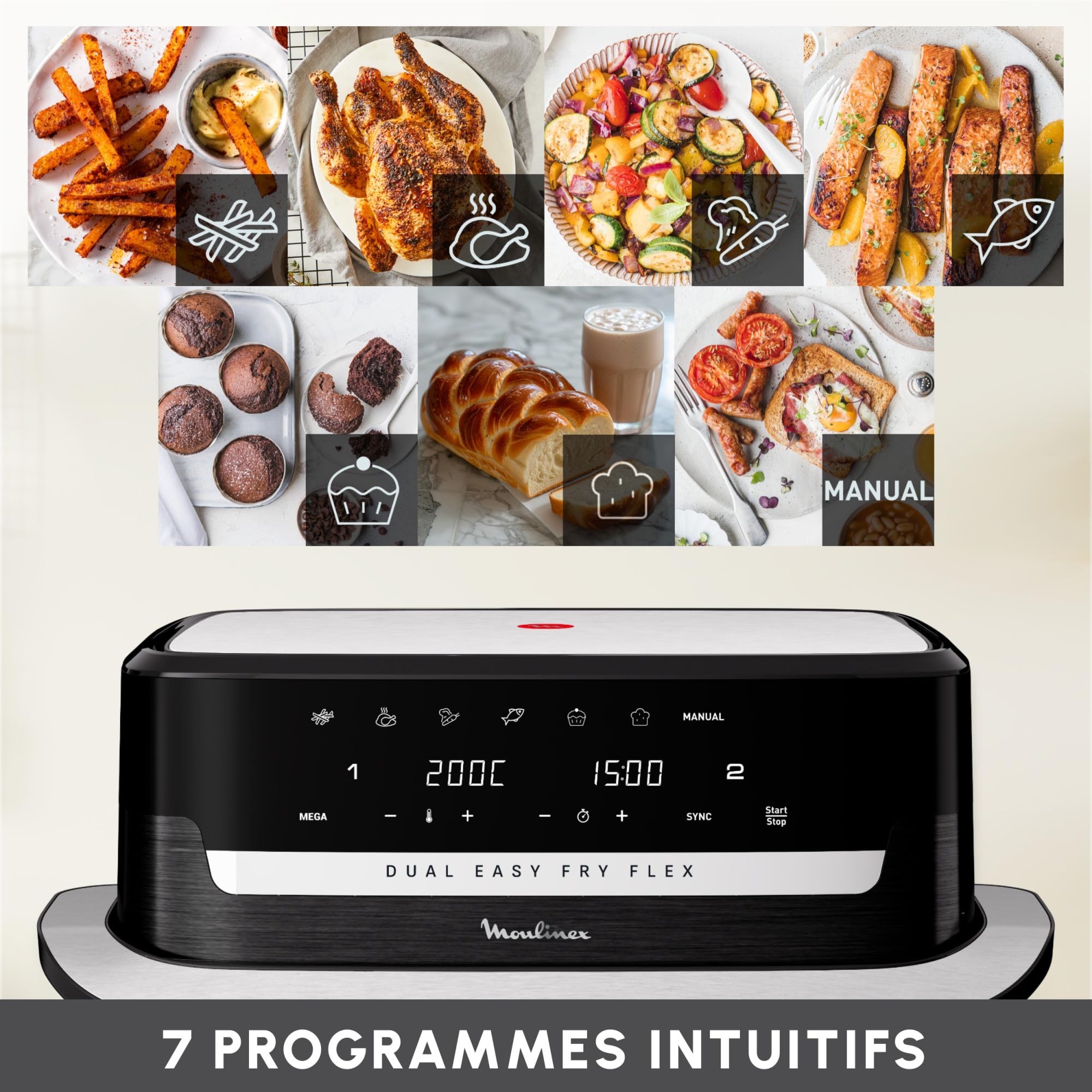 Moulinex Easy Fry Dual Flex, air fryer, Grand tiroir de 9L, Double zone, Séparateur amovible, jusqu'à 8personnes, 7programmes intuitifs, EZ9228F0, noire, Noir
