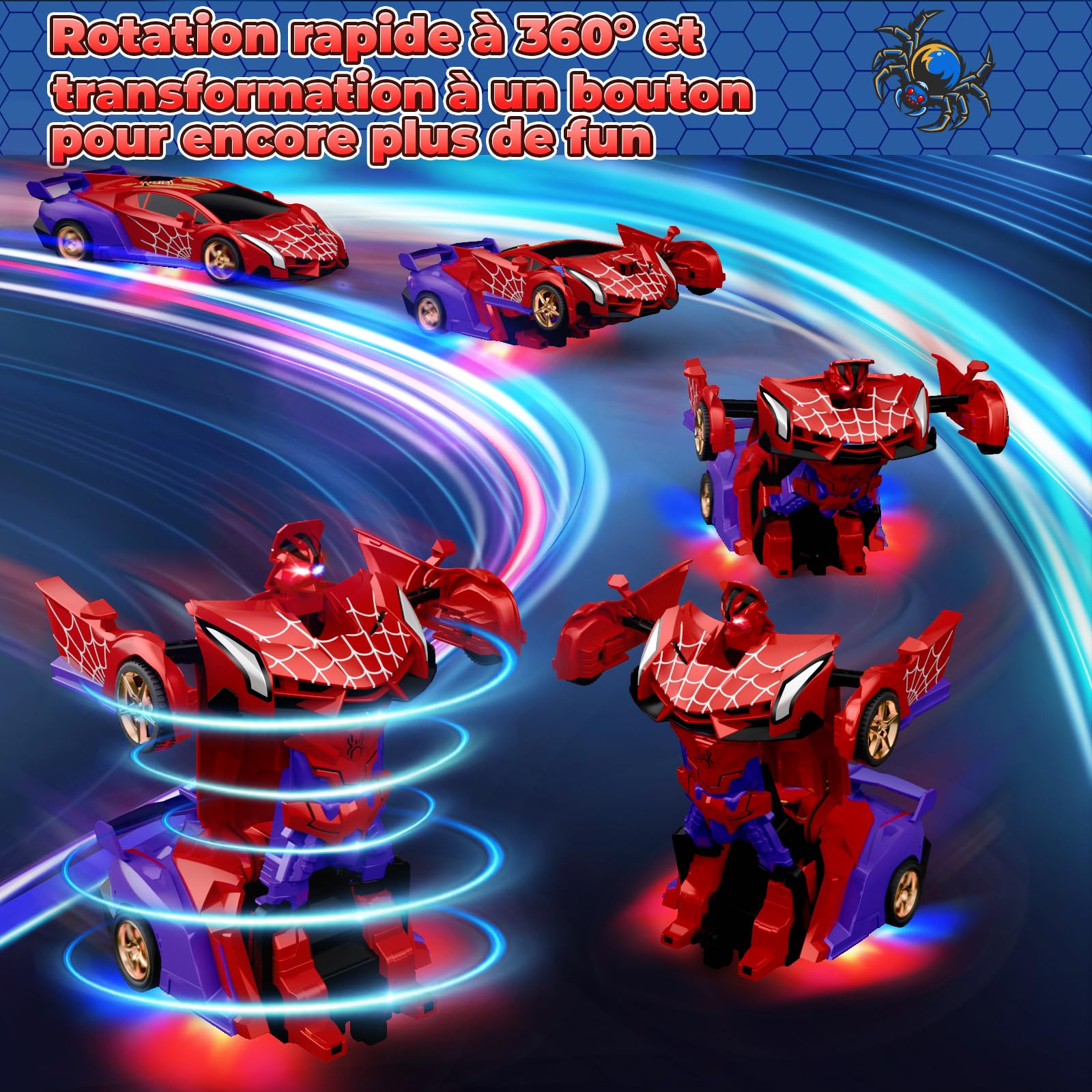 Voiture Télécommandée Transform, Yeux Clignotants & Lumières Sous Châssis, RC 2,4 GHz & Robot Rotation 360° Jouet Garçon 3 4 5 6 7 8 9 Ans Jeux Exterieur Enfant 3-12 Ans Cadeau de Pâques Anniversaire