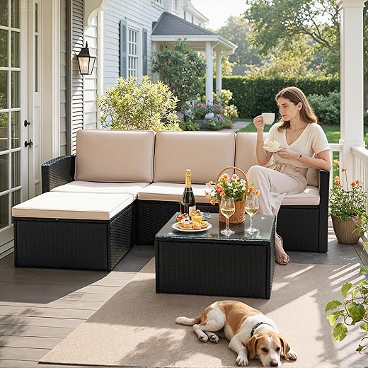 Devoko Patio Conversation Set 4 Piece Outdoor Furniture Sets PE Wicker Rattan Patio Sofa Sectional Adjustable All-Weather with Cushions and Glass Table for Porch Backyard Poolside, Beige