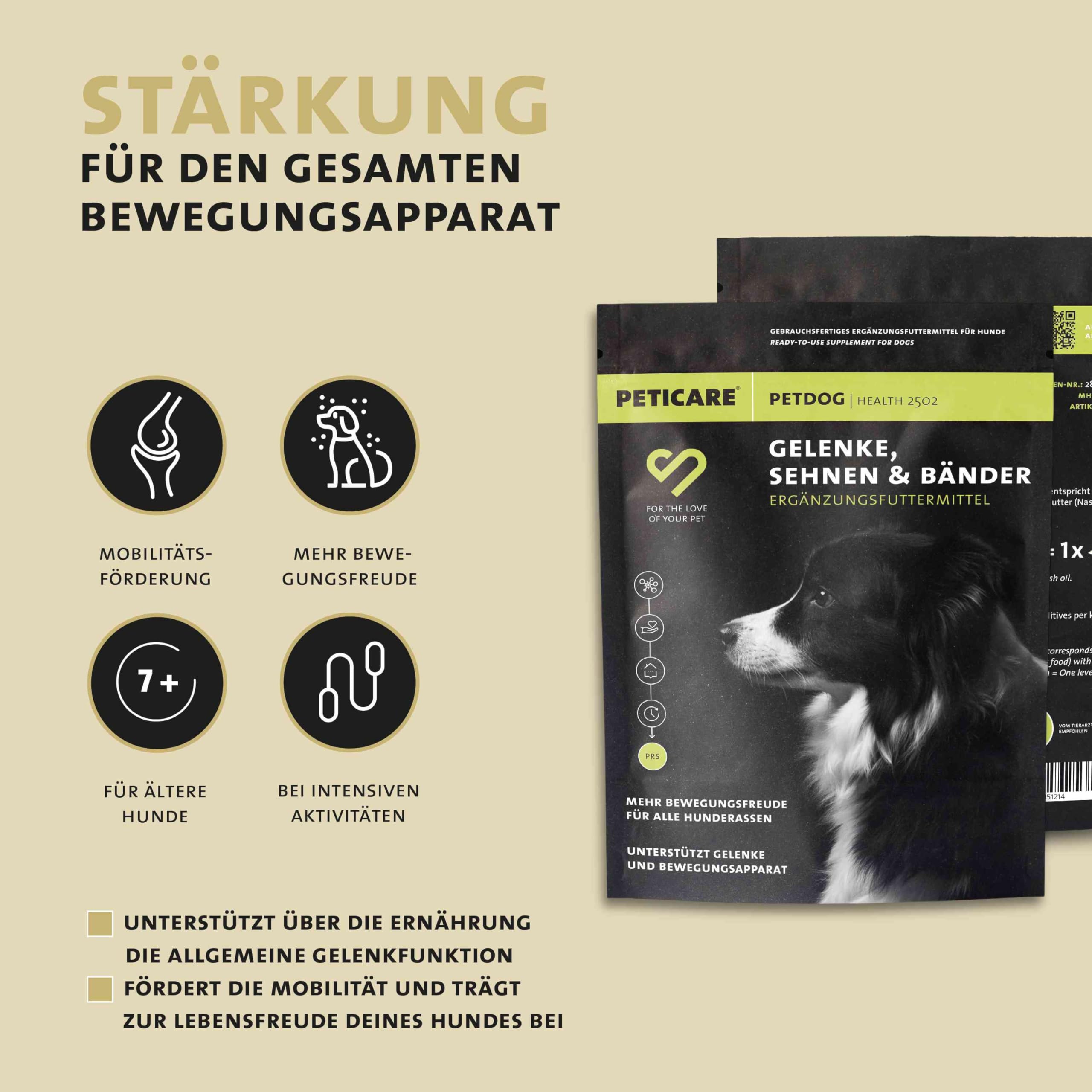 Peticare PetDog Health 2502 proszek stawowy dla psów, z MSM, kolagenem, wspiera stawy, układ mięśniowo-ruchowy, ruchliwość po obciążeniu, bez tabletek, kapsułek, środek do karmy uzupełniającej
