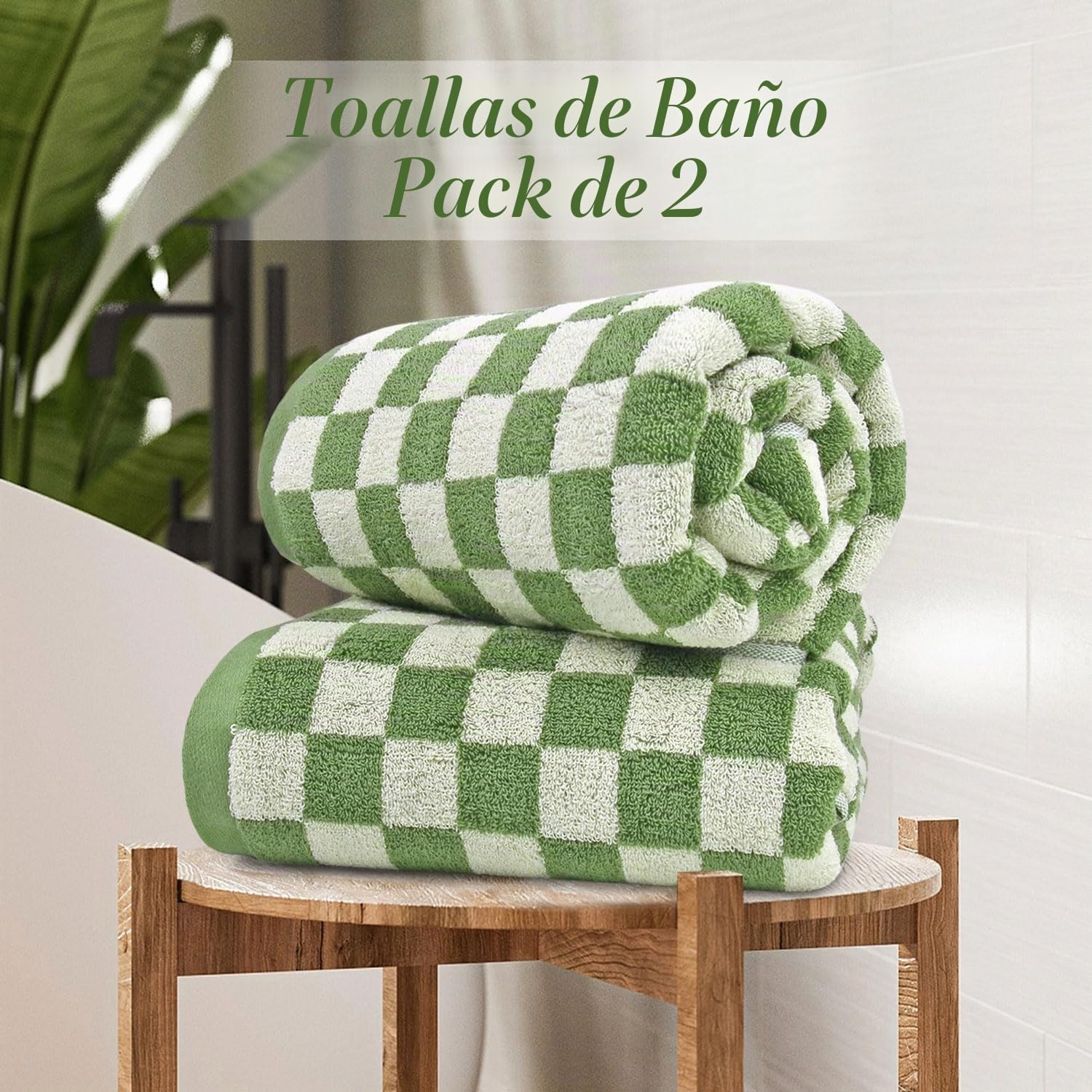 Jacquotha Juego de 2 Toallas de baño de algodón de Lujo, absorbentes, de Secado rápido, 520 g/m², decoración del hogar, Cuadros Verdes