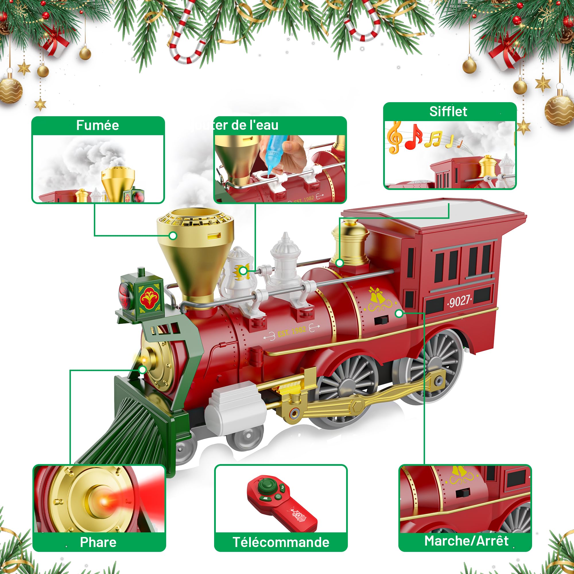 Hot Bee Train de Noel Electrique pour Sapin avec Télécommande, Petit Train Noel avec Fumée, Lumières et Sons, Enfant Cadeau Garcon 3 4 5 6 7 Ans