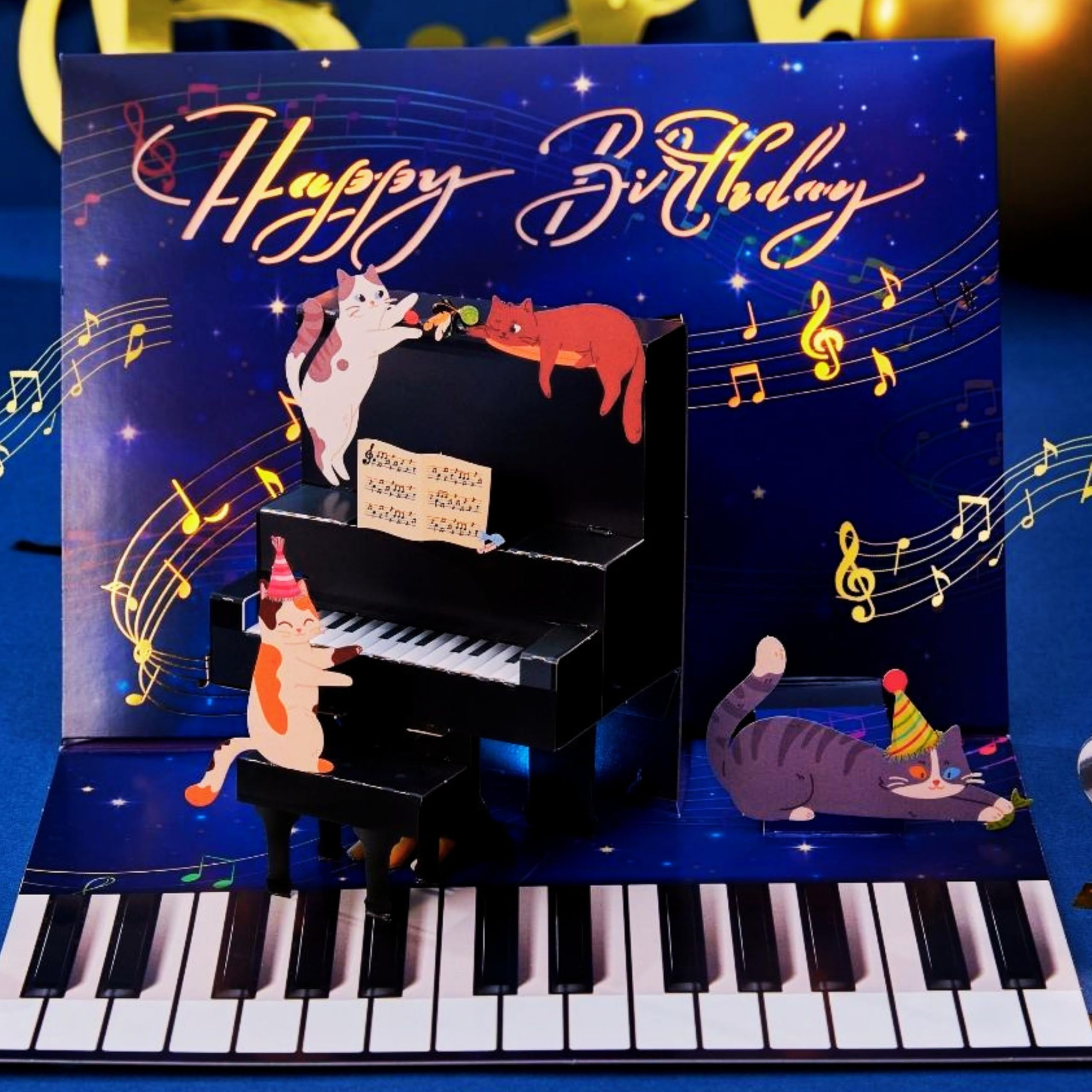 Biglietto di auguri pop up con luci a LED, con gatto 3D che suona il pianoforte, biglietto di auguri musicale con busta, regalo di compleanno per amanti dei gatti, musicisti, bambini, donne