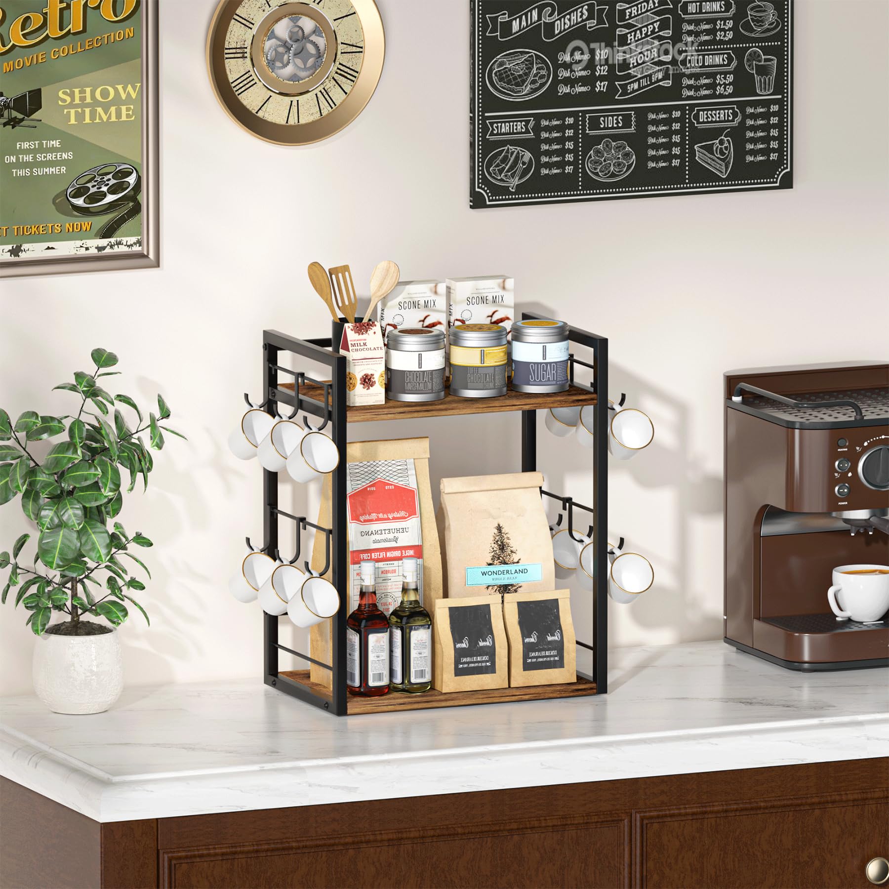 Dorhors 2-stöckiges Kaffeebar-Zubehör und Organizer, multifunktionaler Becherhalter mit 12 Haken, Kaffee-Zubehör für Kaffeebar, Küche