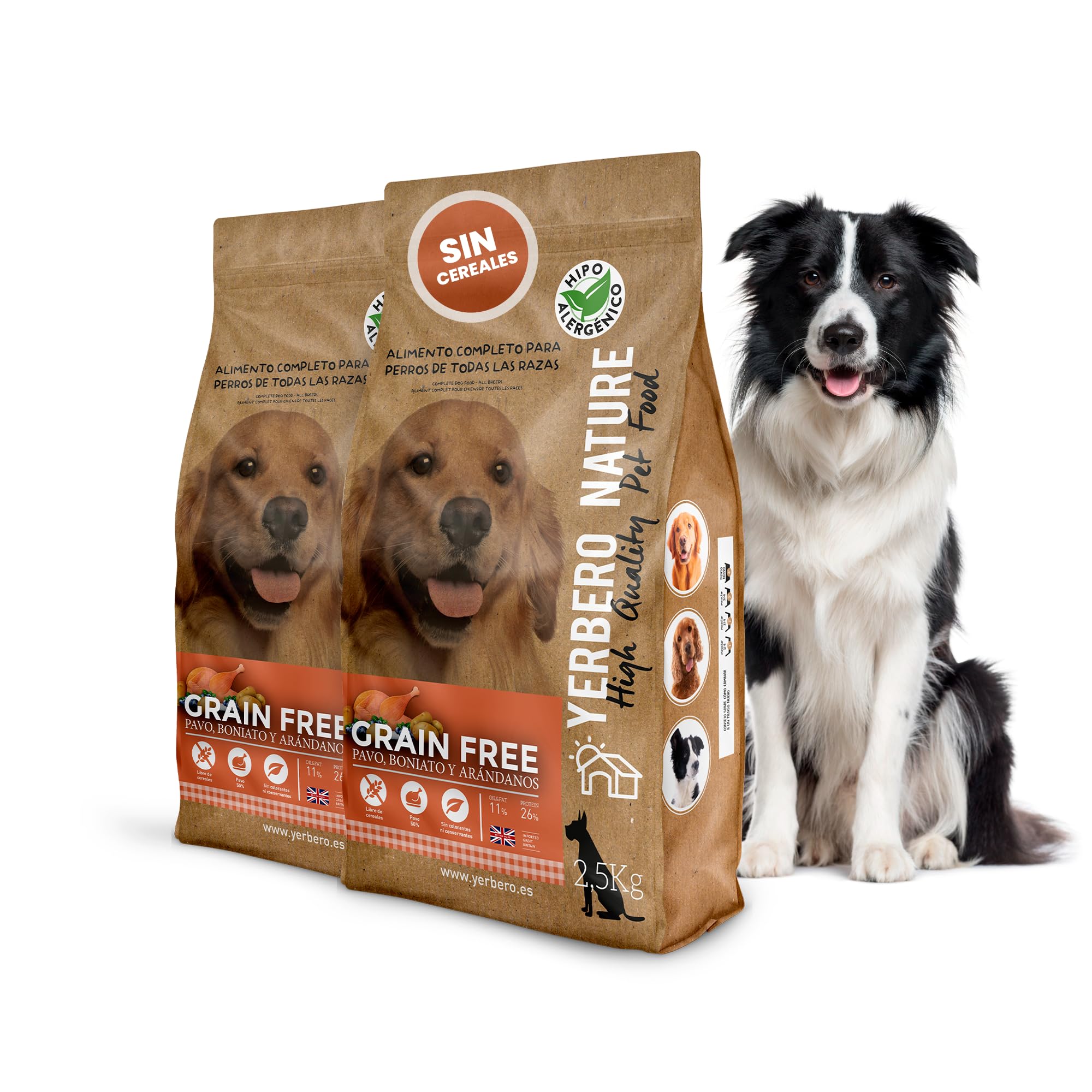 Yerbero Nature Grain Free Pavo Boniato y Arándanos, Pienso Sin Ceereales, Hipoalergénico con Omega 3 Vitaminas y Minerales, Pienso Light Perros Grain Free Sin Conservantes Pack 2 de 2.5kg
