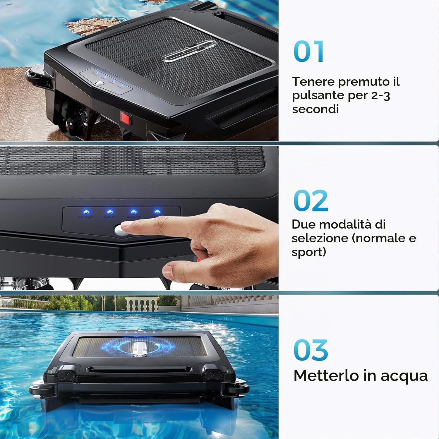 Skimmer automatizzato per piscina, robot per piscina con cestello per skimmer, alimentazione a batteria e ad energia solare, 5-10 m/minuto, capacità di filtraggio 80 ㎡ Pulizia doppia modalità