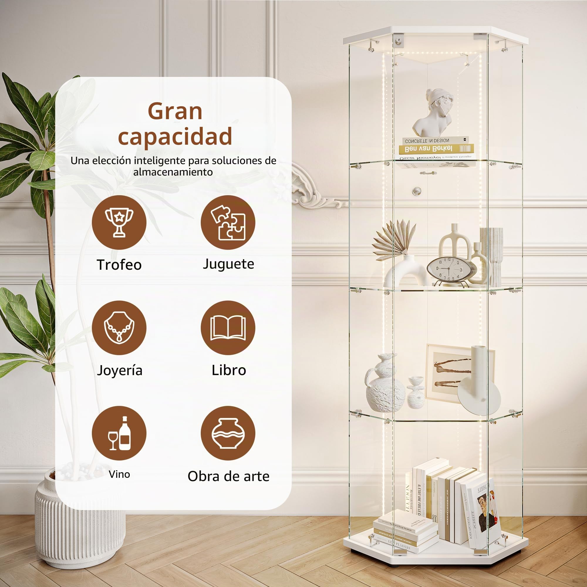 Escaparate de cristal con iluminación LED, armario de colección moderno de cristal de 4 capas, 1 puerta, con puerta y cerradura de armario, almacenamiento (blanco 5 lados A, 1 puerta, 4")