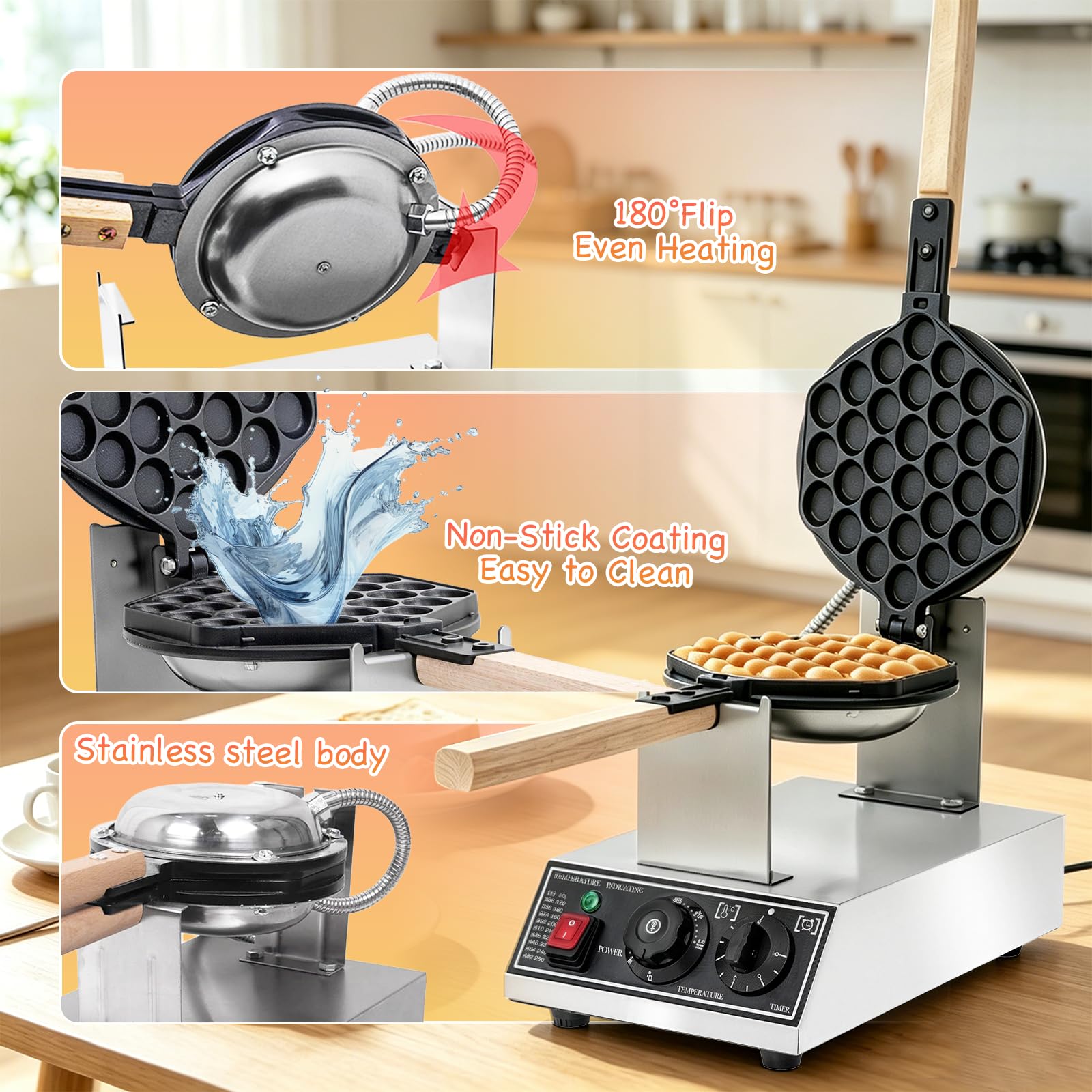 Gofrera Bubble Waffle Maker con función giratoria de 180°, control de temperatura de 50 a 250 °C y temporizador de 0 a 5 minutos, antiadherente, máquina de gofres de huevos de Hong Kong para cafetería