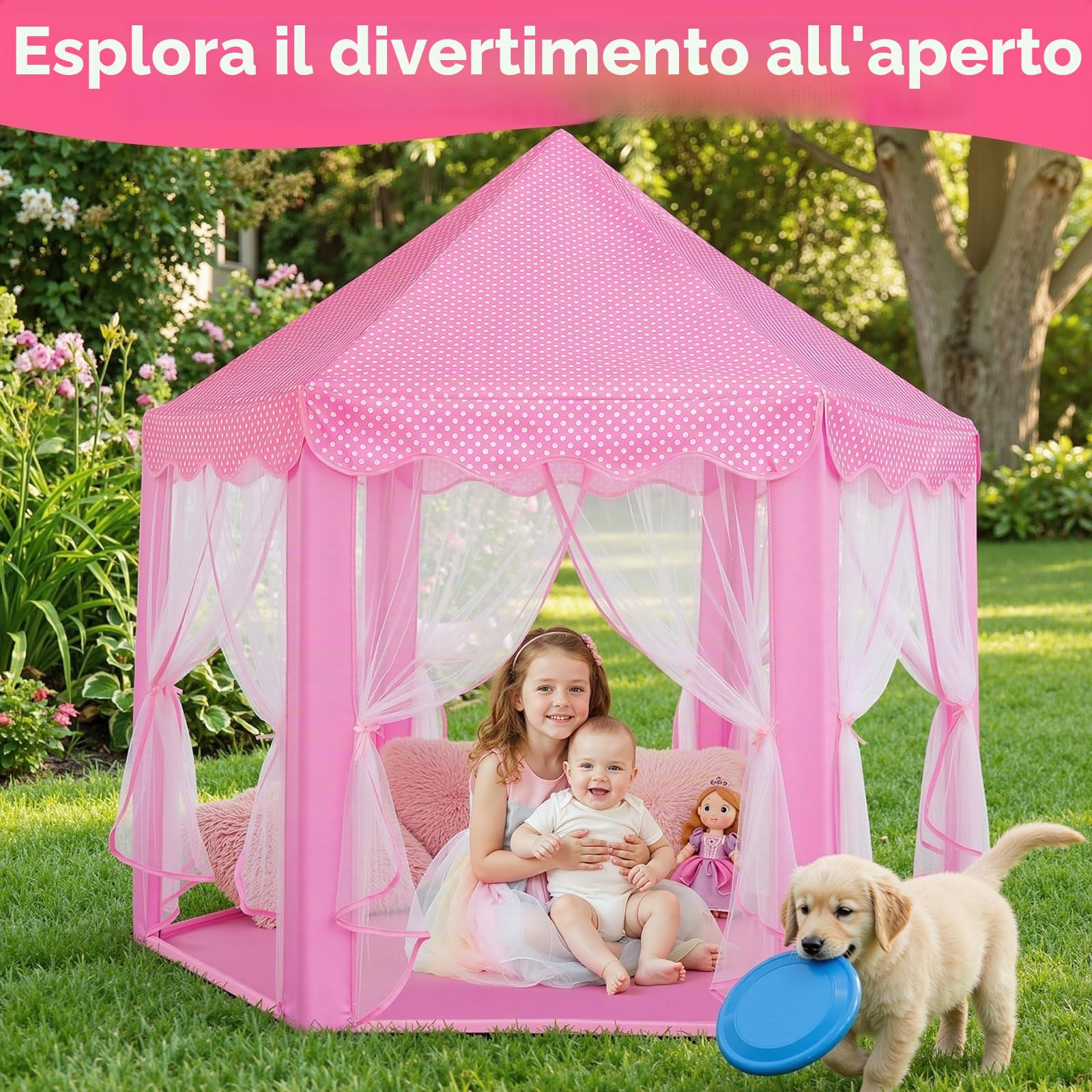 Sumbababy Giocare tende per bambini principessa castello tenda con tappeto per ragazze fata esagonale giocattolo casetta per bambini o bambini piccoli giochi al coperto (rosa)