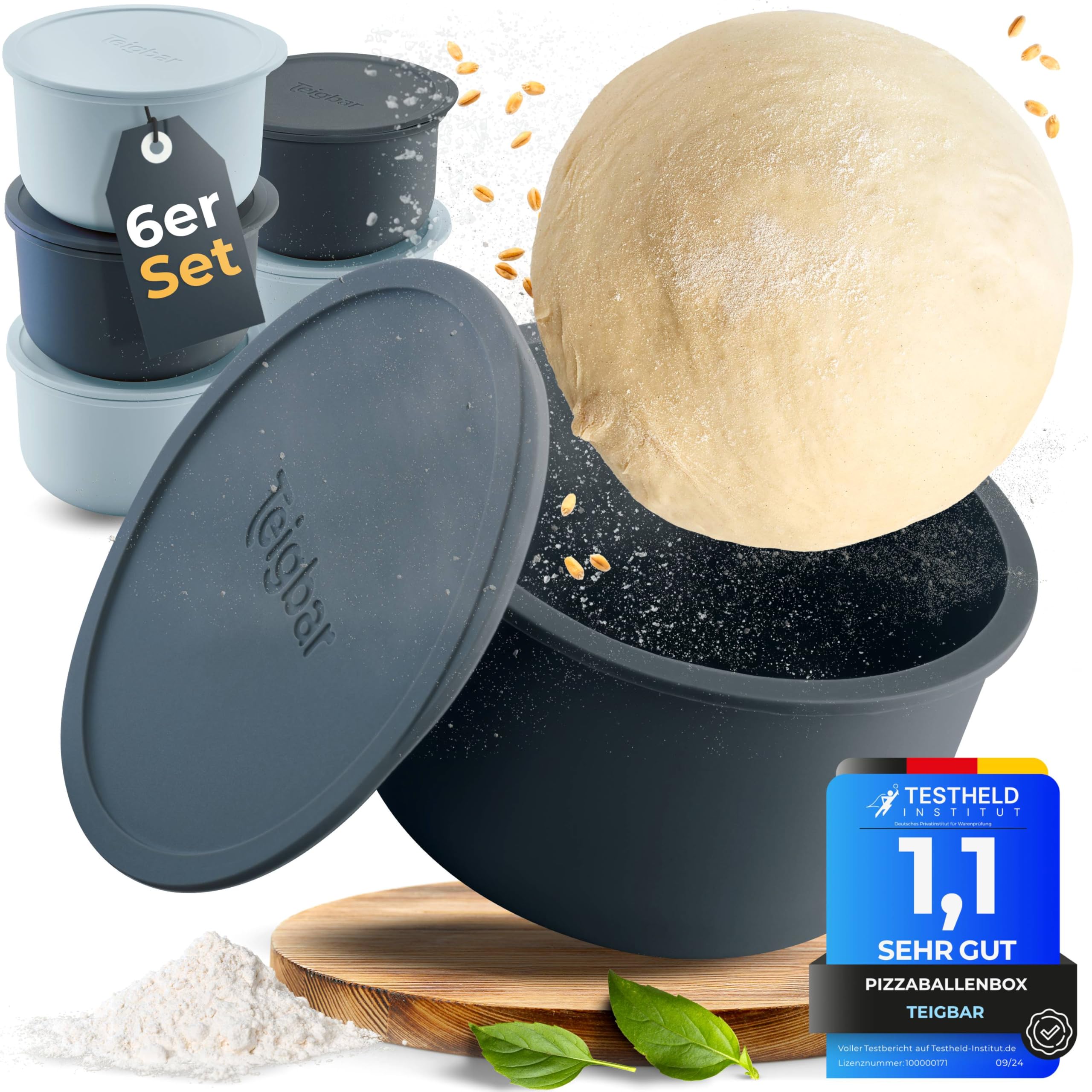 Teigbar« Pizzaballenbox mit Deckel, 6er Set - platzsparende Teigbox aus löse-leichtem Silikon - bis zu 350g Pizzateig Box mit Deckel, Pizza Box - Schwarz/Grau - Ø13cm