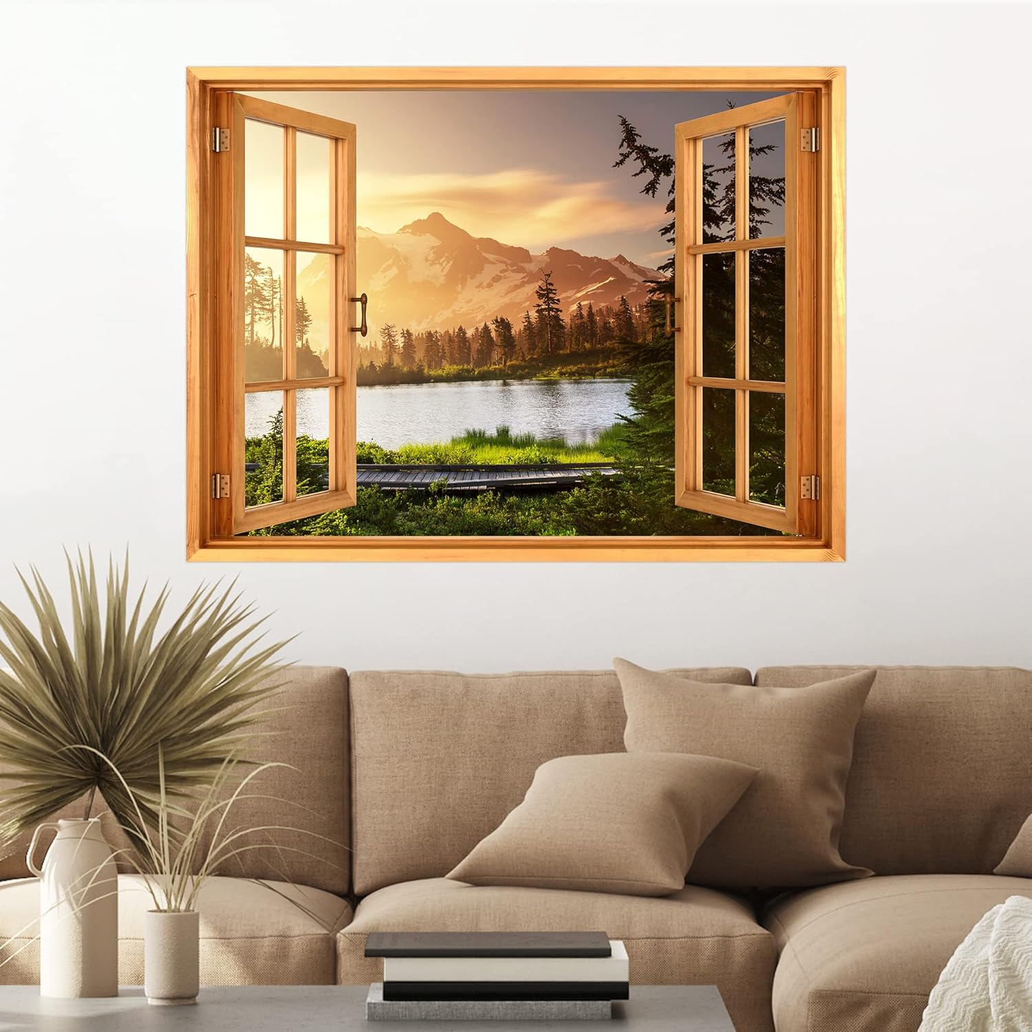 SIGNWIN Removable Wall Sticker/Wall Mural Window View Sunset Dawn Mountain Range Nature Wilderness Photography Realism Decorative Landscape Digital Art for Living Room, Bedroom, Office - 24"x32"