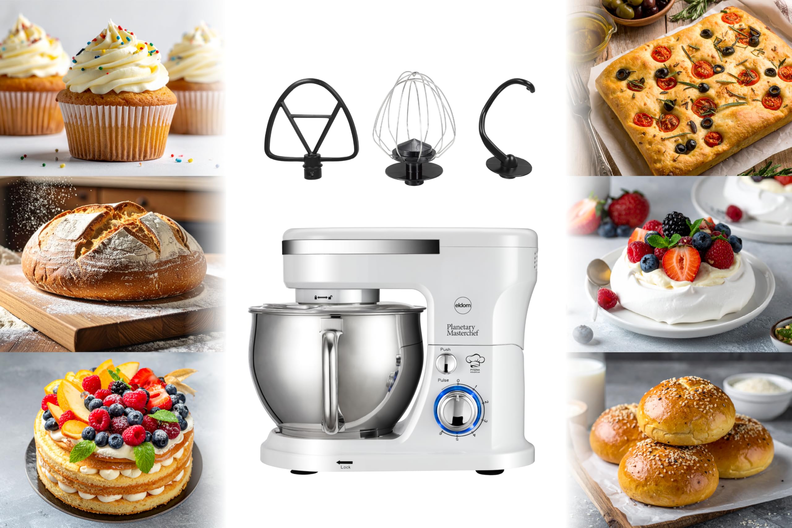 Robot de cocina 1300 W, batidora planetaria de 5 L, 6 velocidades + pulso, engranaje de metal, máquina de amasar con gancho para amasar, batidor y gancho para mezclar, color blanco WRK1300 Eldom