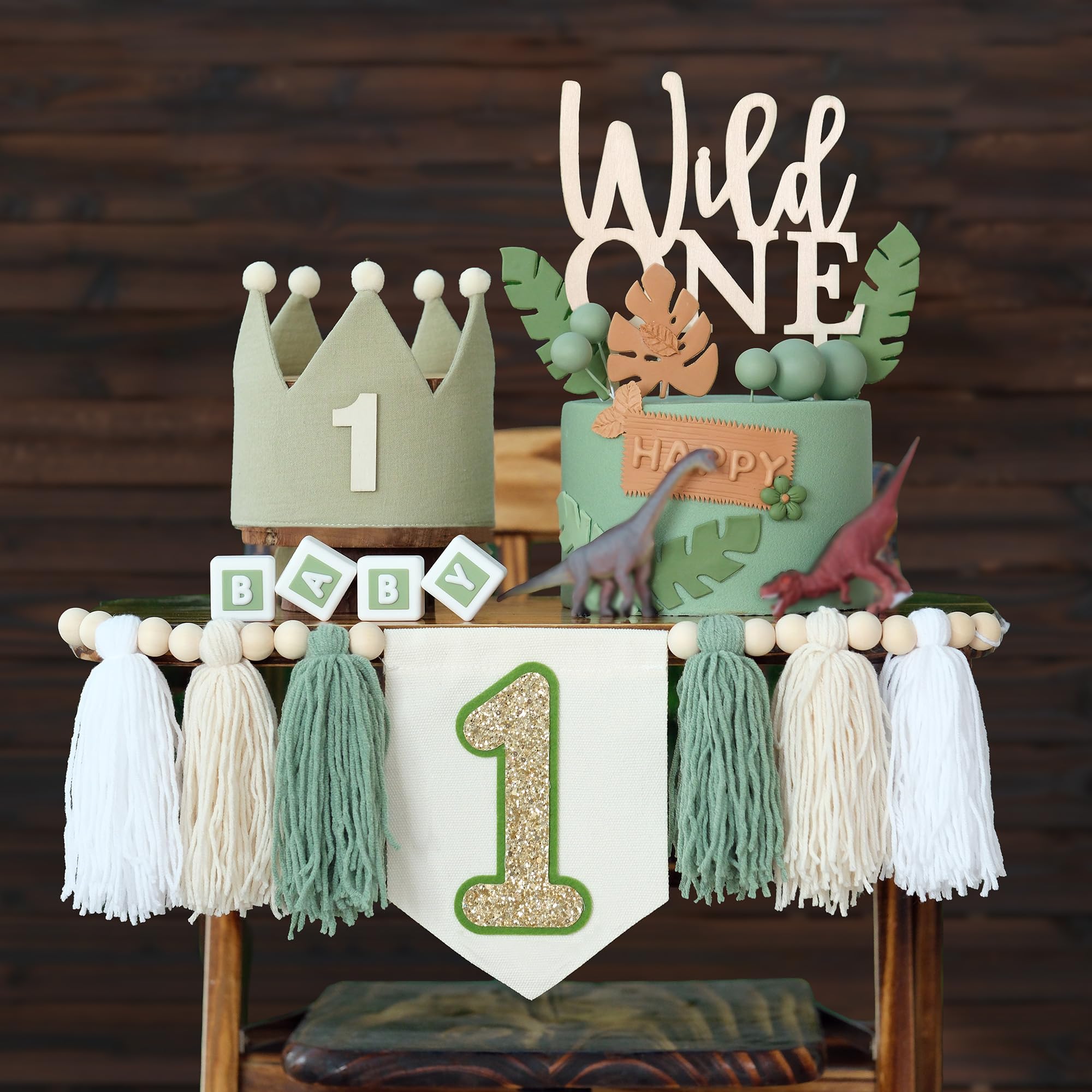 Wild One High Chair Banner for 1st Birthday Party Boy Decorations with Green Tassel Garland Crown Hat Cake Topper