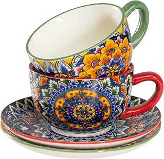 Henten Home coffee set crockery, coffee set colorful 2 pack, 250ml hand painted coffee cups set for 2 person, includes coffee cups, saucers