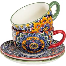 Henten Home Ceramic Tea Cup with Saucers Set, 8.5 oz, Set of 2
