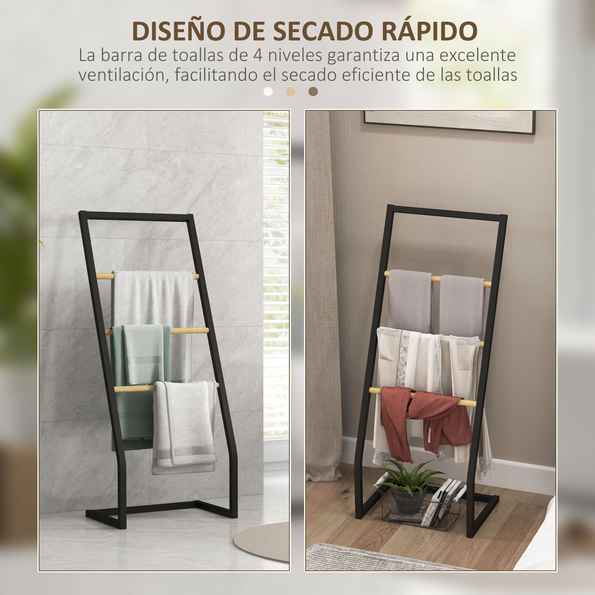 HOMCOM Toallero de Pie Toallero para Baño con 4 Barras de Bambú y Acero para Lavadero 40,5x28x98 cm Negro y Natural