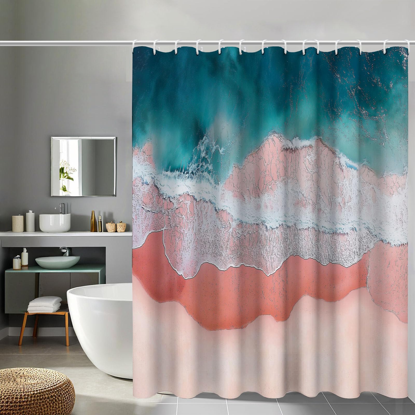 Rideau de douche rose plage en polyester supérieur avec 12 crochets