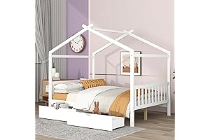 Full Size House Bed for Kids - Solid Wood Bed Frame with Storage Drawer
