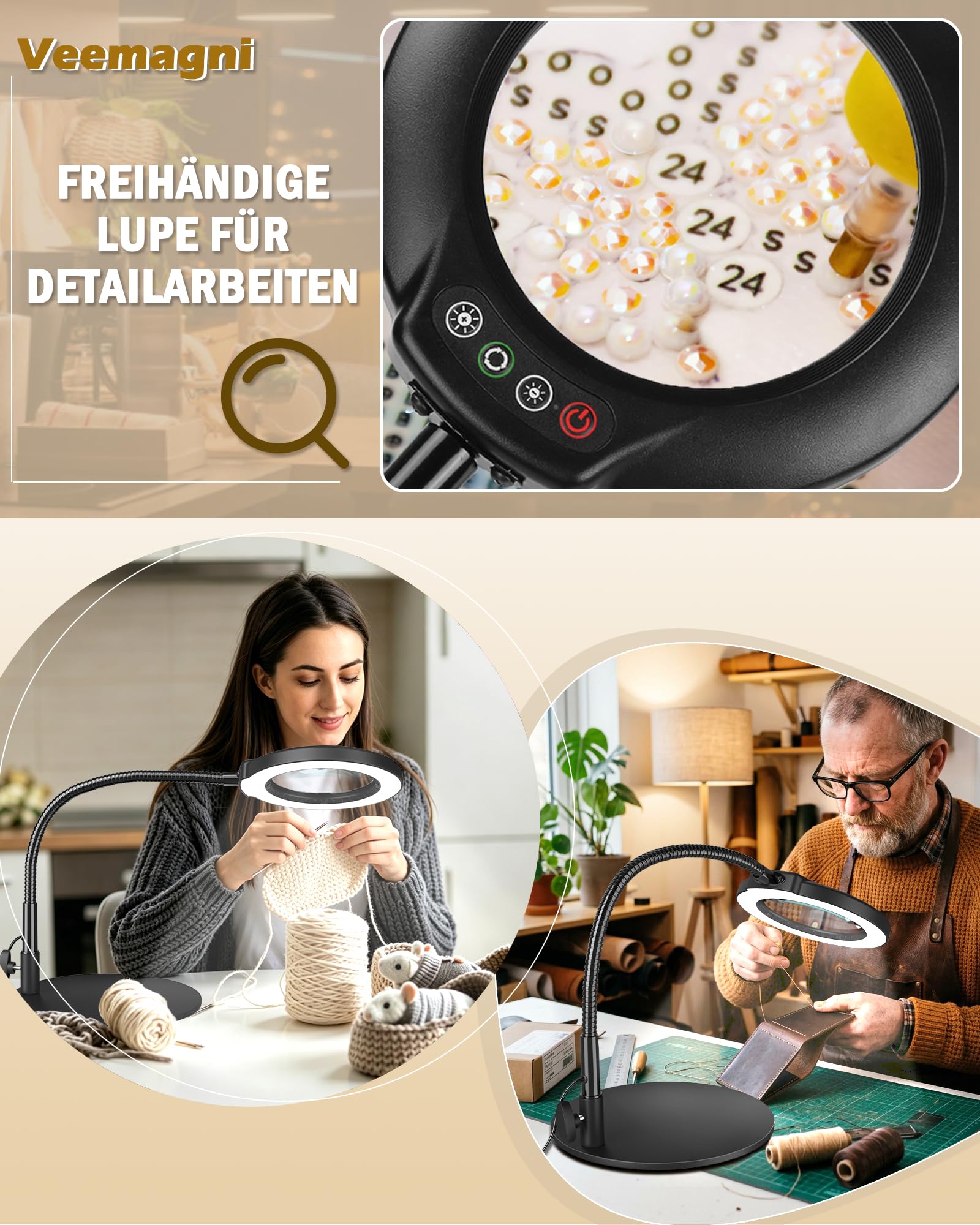 Veemagni 12X Lupe mit Licht und Standfuß, Groß 16,5 Zoll Flexibler Schwanenhals, stufenlos dimmbare LED-Schreibtischlampe mit 5 Farbmodi, freihändige Lupe für Basteln, Hobbys, Nähen, Schwarz