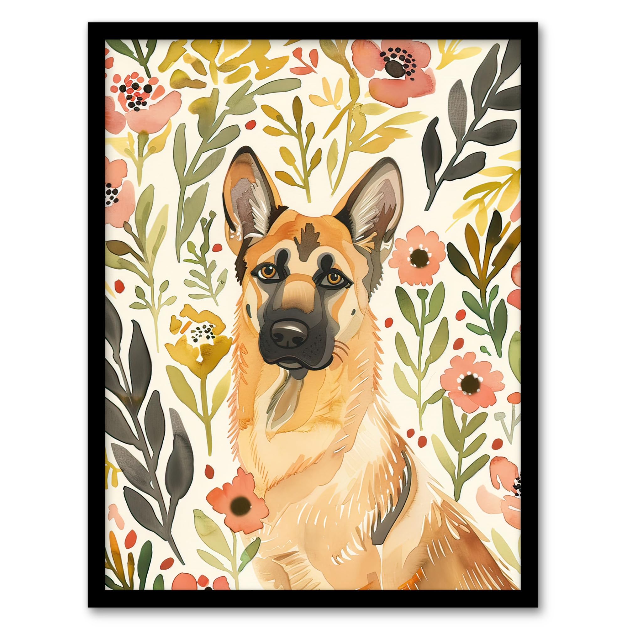 Artery8 Dog Lover German Shepherd in Wildflower Field Living Room Artwork Framed Wall Art Print A4