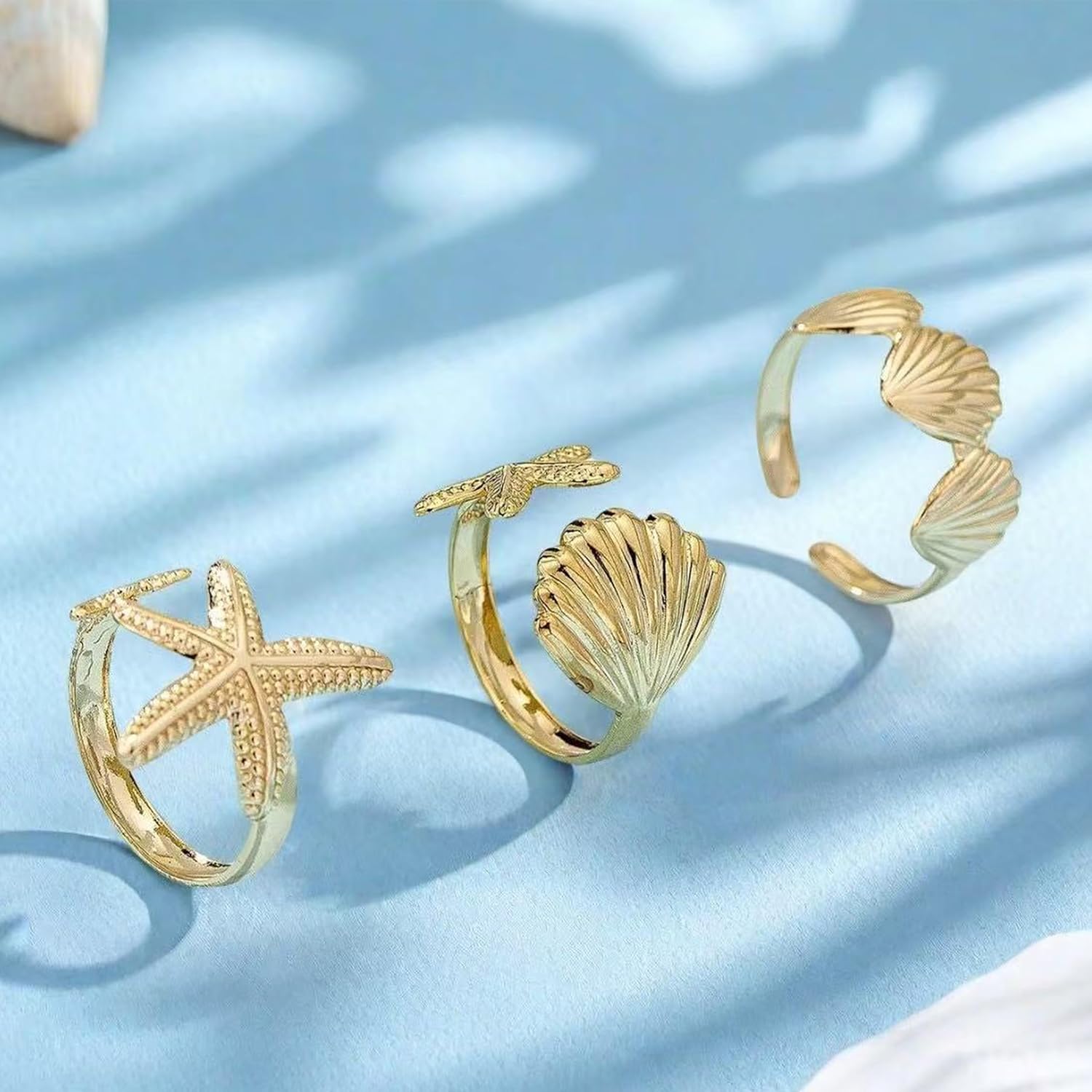 Harry and Henry 3PCS Gold Starfish Statement Ring for Women Chunky Shell Stackable Jewelry Gifts - Image 4