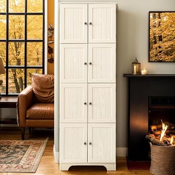 72" H Farmhouse Storage Cabinet, 4 Tier Kitchen Pantry Cabinet with 4 Shelves, 8 Doors Freestanding Floor Storage Cabinet Wooden Organizer Bookcase for Living Room & Kitchen White