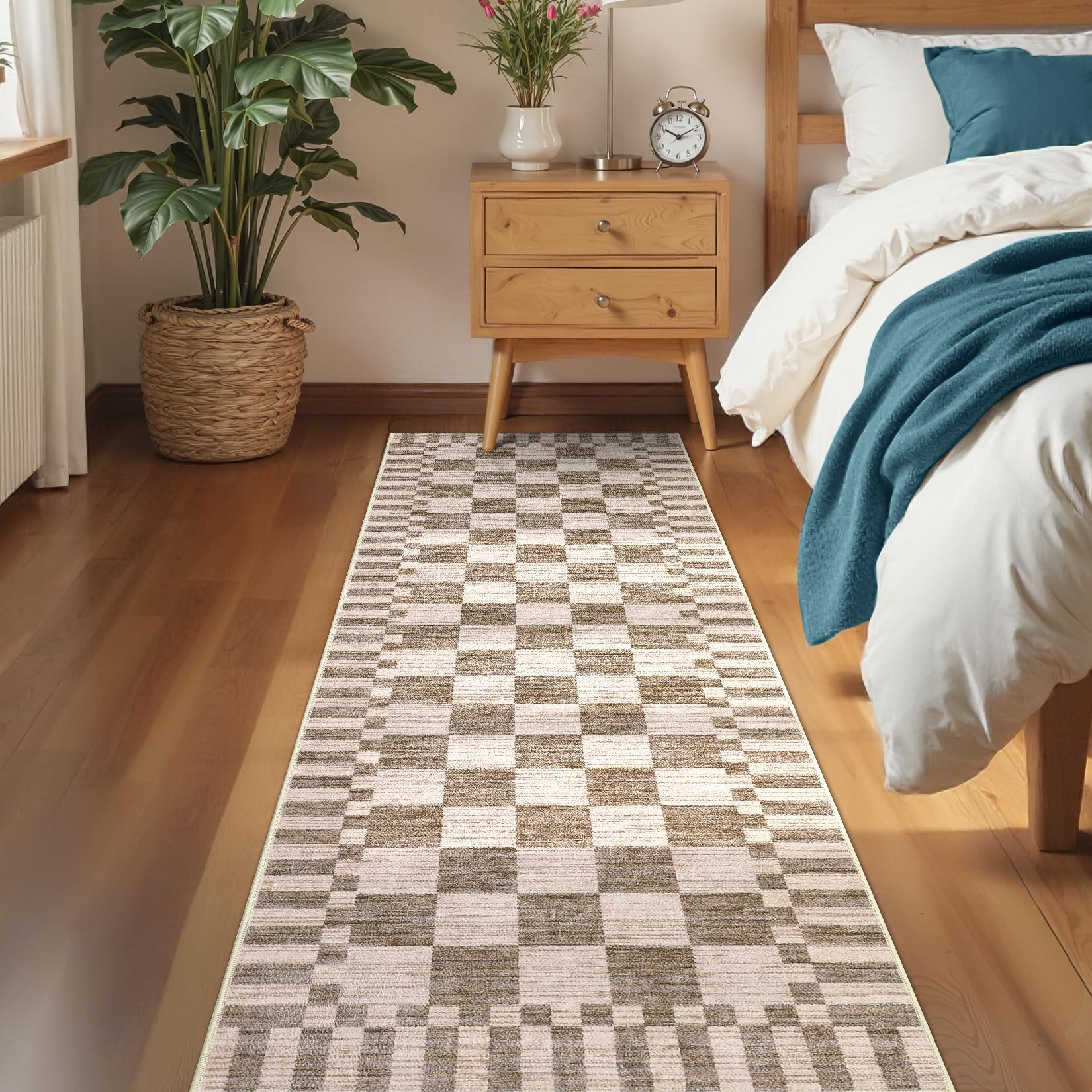 FairyStyle Checked Runner Rug Washable Linen Beige for Hallway 60 x 180 cm